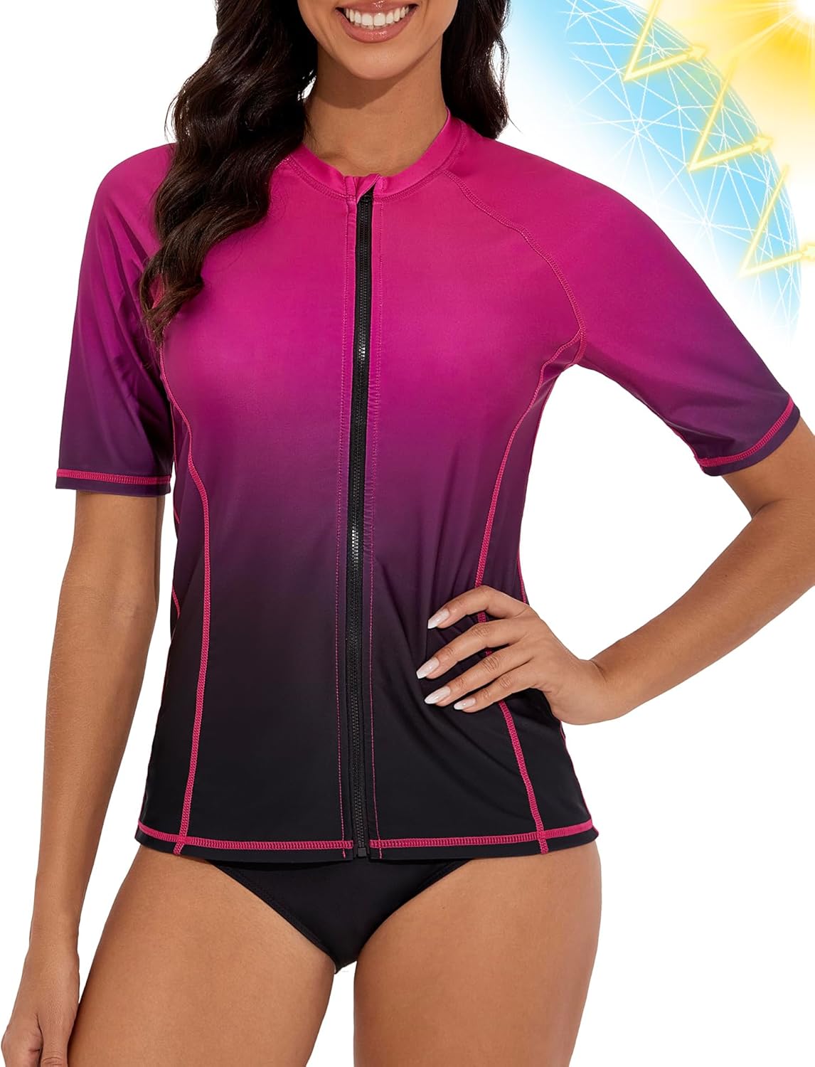 Tournesol Women's Rash Guard Short Sleeve Swim Shirt Zip Front Swim Top UV Sun Protection Swimsuit Top No Bra - Image 2