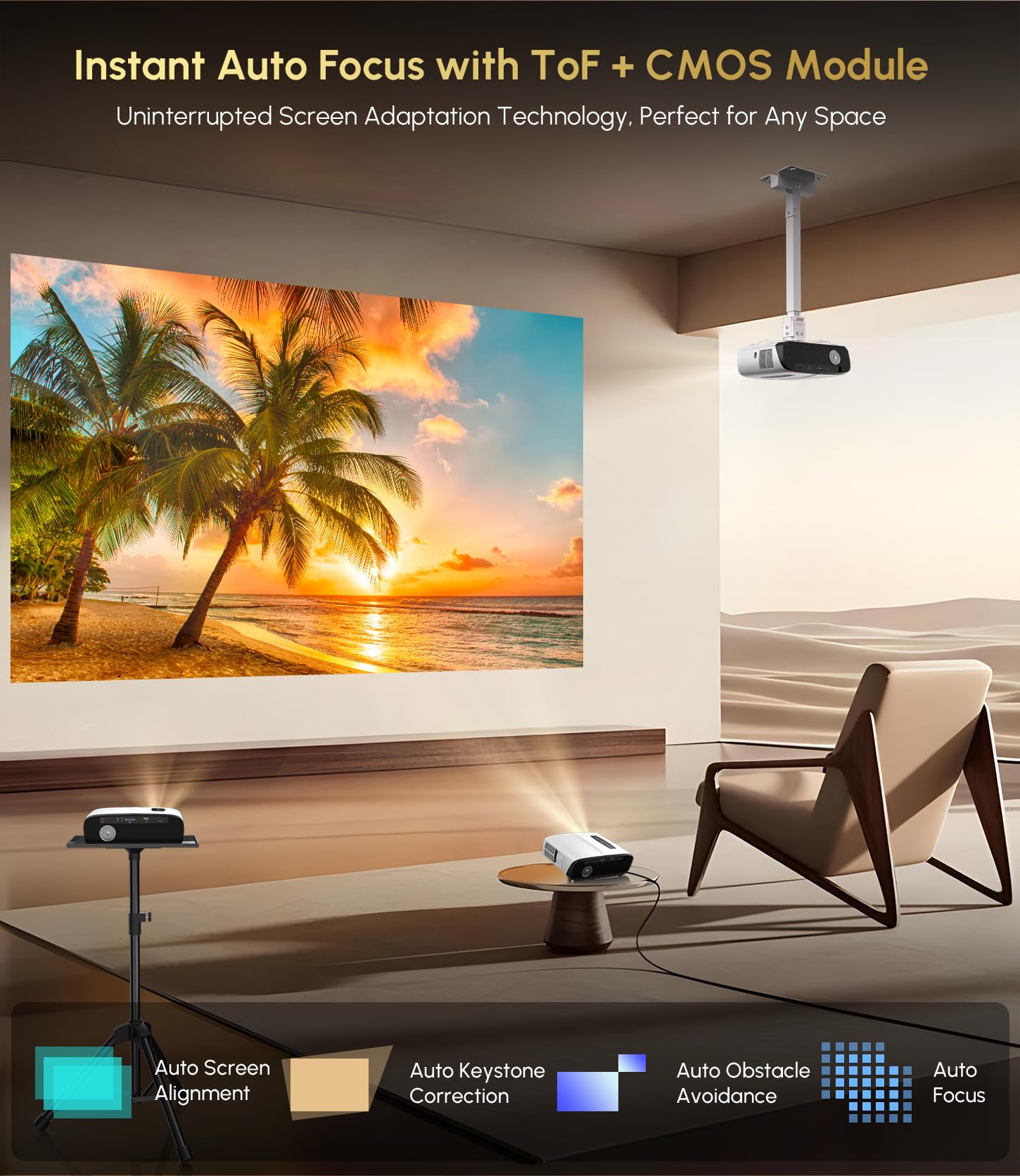 Ultra HD 4K Google TV Projector 2200 ANSI High-Bright Home Theater Projector Outdoor, ToF+CMOS Laser Auto Focus, WiFi6 Bluetooth, Shorter Throw, Dolby Audio, 30W Speaker, NFC Screencast