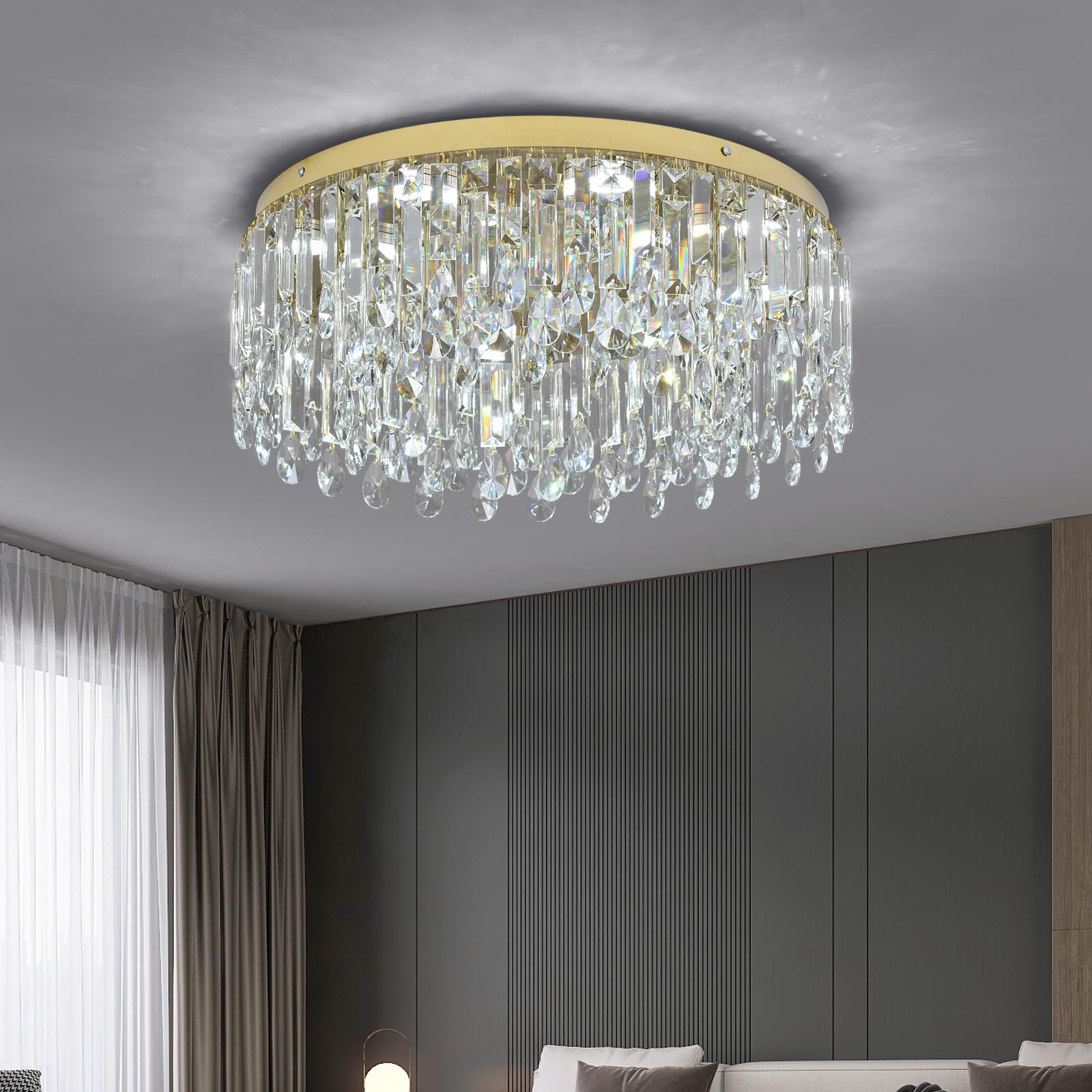Condition photo showing New/Like New for deckrico 19.7" gold crystal chandelier, modern flush mount ceiling light fixture luxury tri-color led lighting for living room dining room bedroom