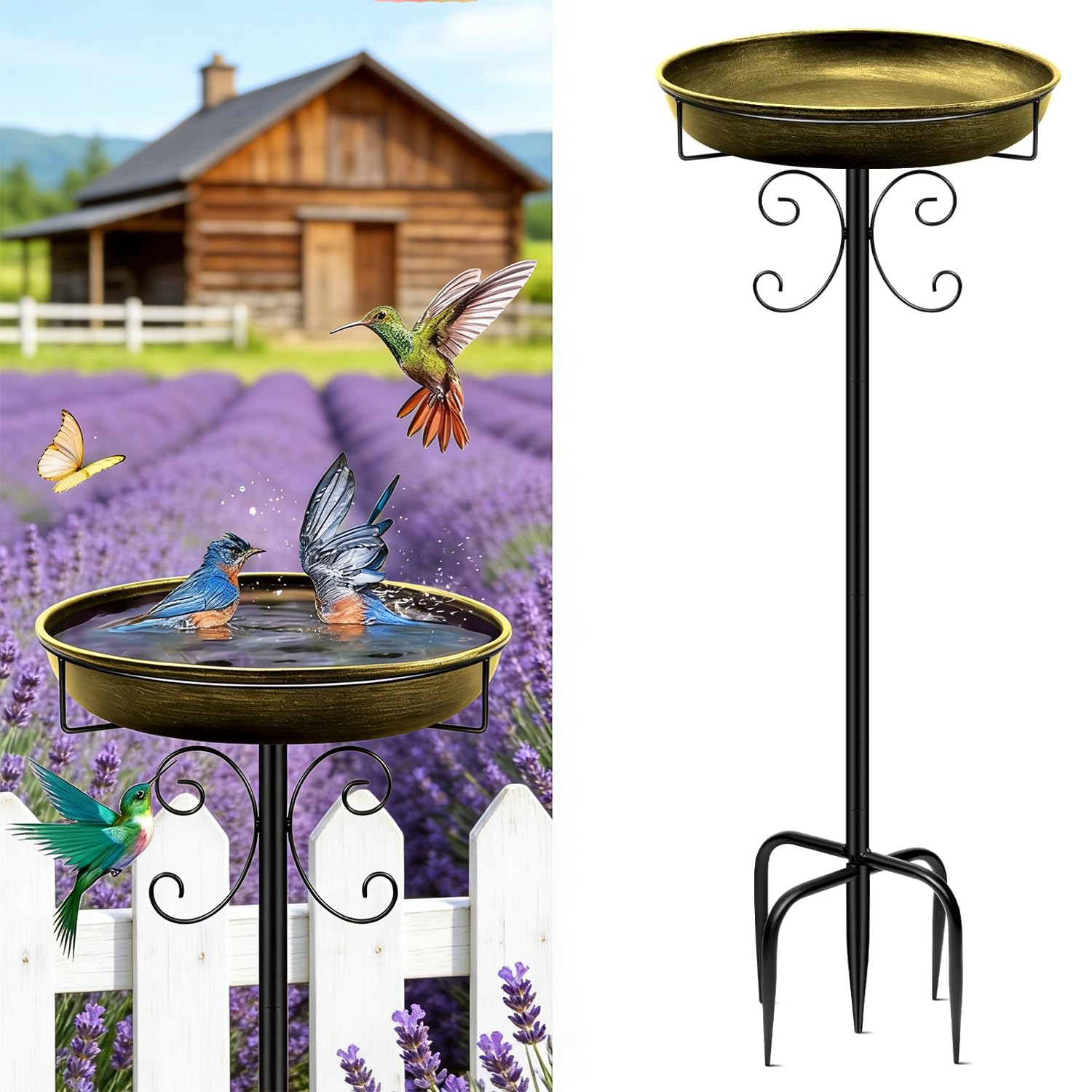 Bain d'oiseaux sur pied en métal Ø 31 cm et mangeoire de jardin antirouille