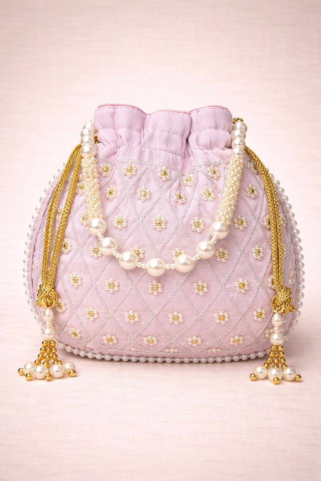 JDDCART Lavender Silk Potli Bag with Intricate Pearl Jaal & Golden Braided Accents-image-47