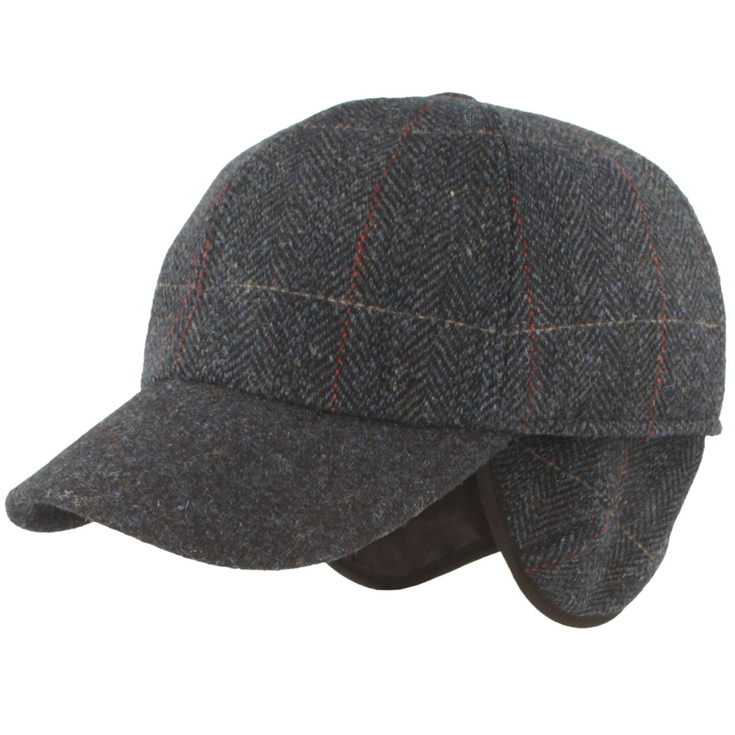 Breiter Herren Winter Baseball-Cap Schirmmütze Baseball-Kappe mit ausklappbarem Ohrenschutz – Basecap aus Wolle im Fischgrat Design & Steppfutter