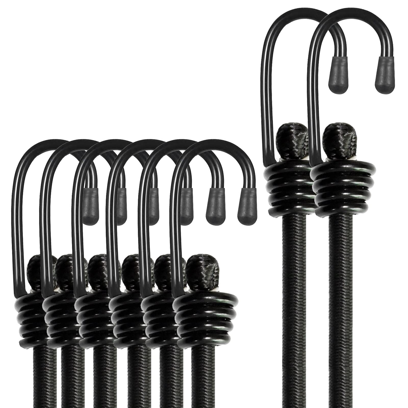 Bungee Cords with Hooks, Heavy Duty Outdoor Elastic Bungee Straps，No Odour Industrial Grade Bungee Rope for Securing Tarps, Luggage,Tents, Bikes or Garden Tidying 24in6pcs + 48in2pcs (Black)