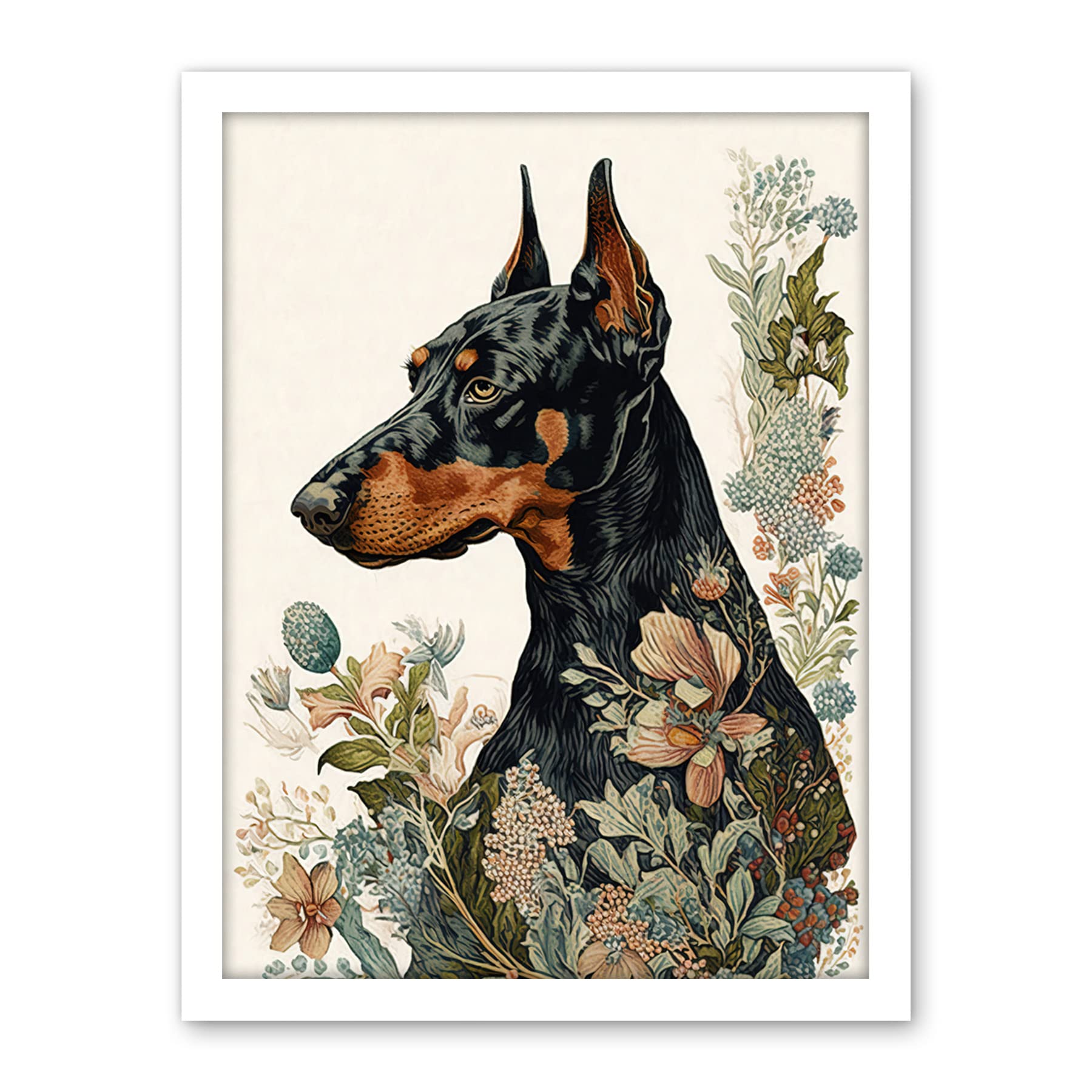Artery8 Doberman Dog with Wild Flowers Boho Watercolour Illustration Artwork Framed Wall Art Print 18X24 Inch