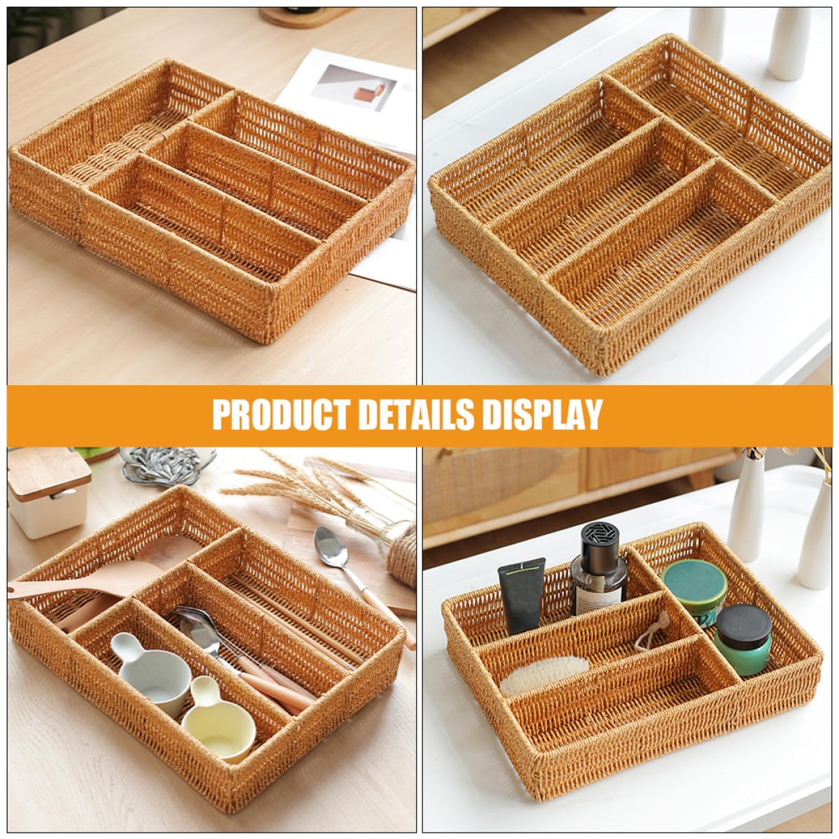 Kaki - Cesta de almacenamiento de plástico, elegante organizador tejido para llaves, cubiertos y artículos esenciales para el hogar, solución de almacenamiento multiusos para cajones y decoración