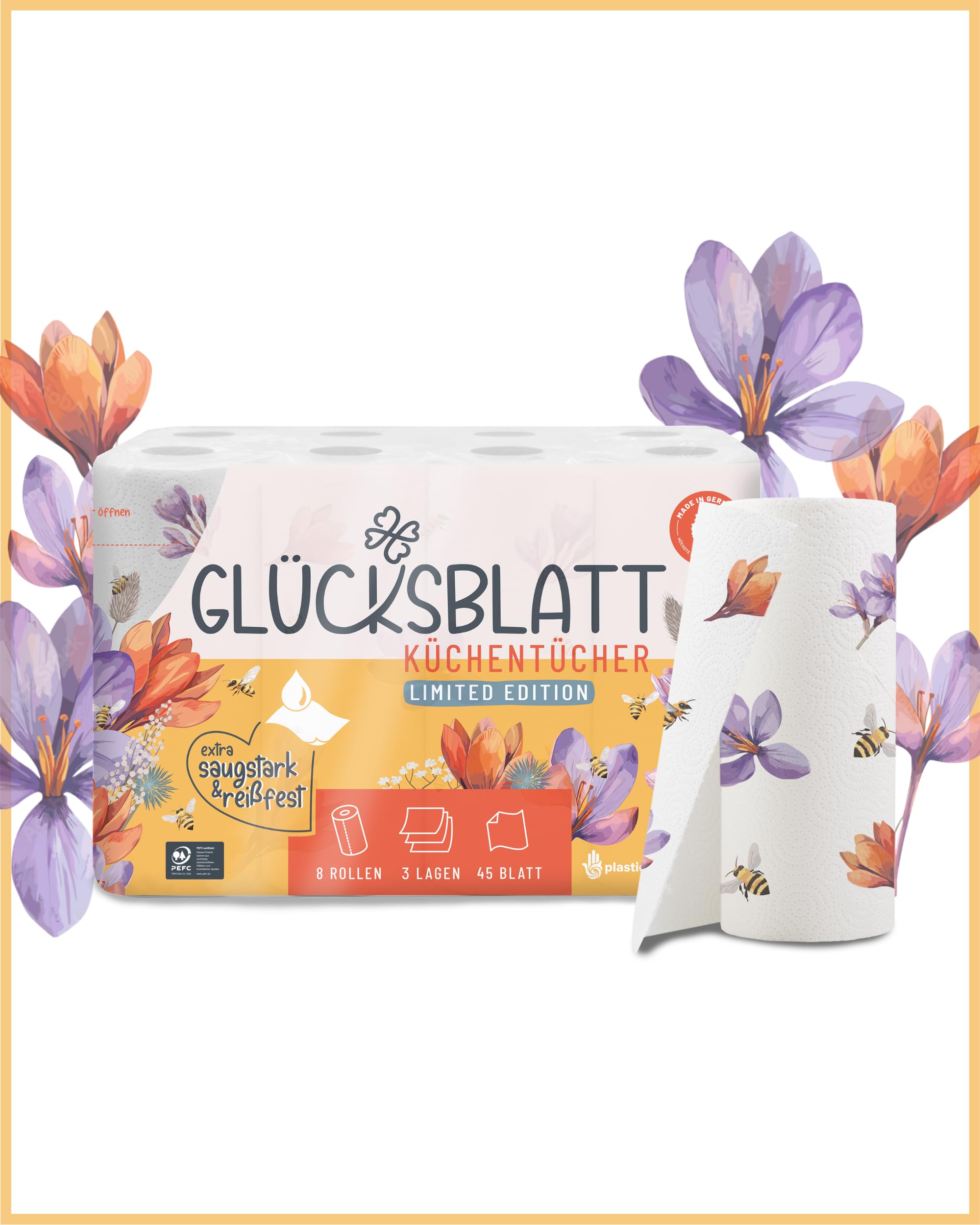Glücksblatt Küchentücher mit bedruckten Motiven, 48 Rollen á 45 Blatt, 3-lagige Küchenrollen, 100% Zellstoff, nachhaltig, saugstarke Haushaltsrollen, Allzwecktücher, Papiertücher, Papierhandtücher
