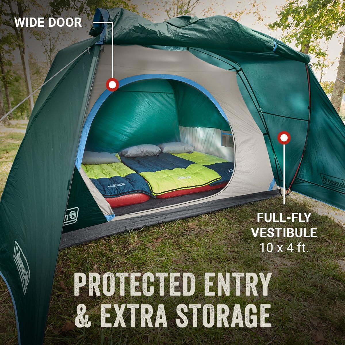 Coleman Namiot Skydome z przedsionkiem, odporny na warunki atmosferyczne, namiot dla 4-6 osób, rozstawienie w 5 minut, chroni przed wodą, 20% więcej przestrzeni nad głową niż tradycyjne namioty