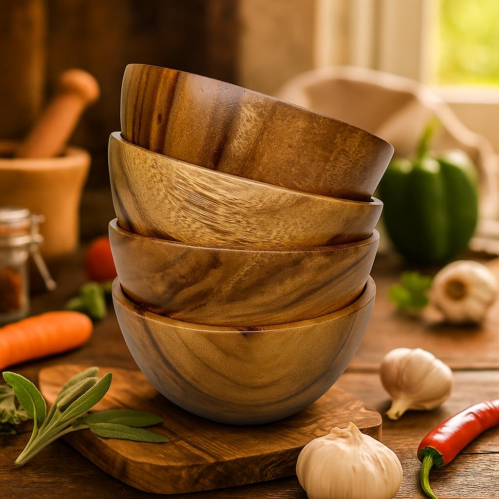 Juego de 4 cuencos de madera de acacia, pequeños de 5 pulgadas de diámetro x 2.5 pulgadas de alto, hechos a mano para servir salsas, ensaladas pequeñas, diseño natural rústico, cuencos