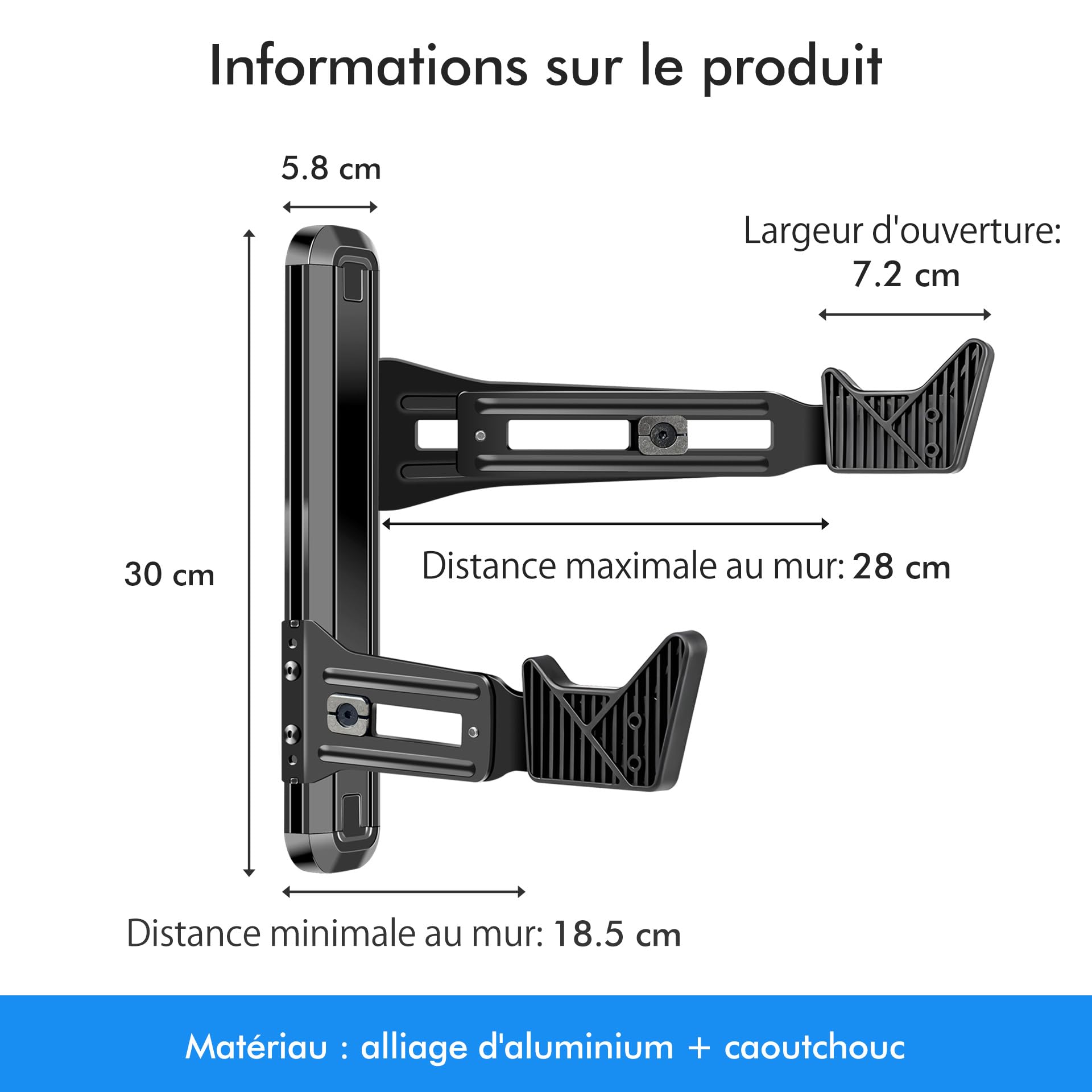 Mimoke Porte-vélo mural | Alliage d'aluminium, capacité de charge jusqu'à 40 kg | Distance réglable du mur 18,5–28 cm | Crochets en caoutchouc de 7,2 cm | Pour VTT, vélo de course, vélo électrique