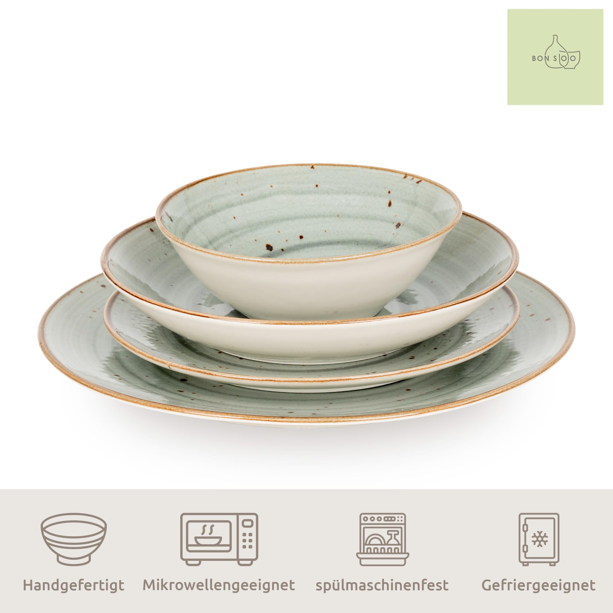 Geschirrset 24-teilig aus Porzellan für 6 Personen | Tiefe Suppenteller, Flache Essteller, Dessertteller und Schüsseln | Hochwertiges modernes buntes Vintage Tafelservice Kombiservice | Grau