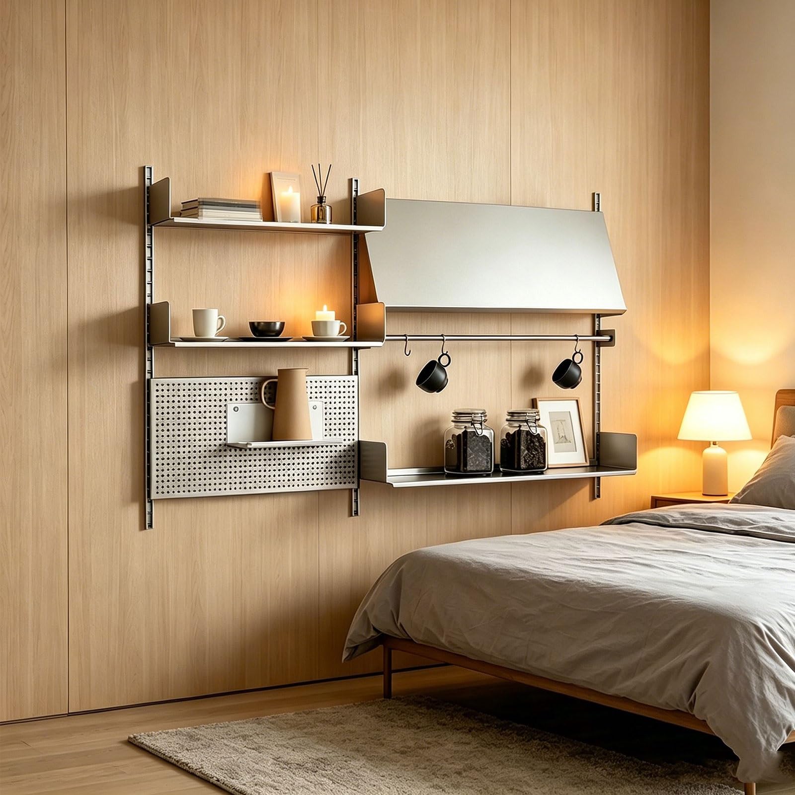 Pegboard Wall Organizer Acero Inoxidable Metal Organizador Dormitorio Altura de Estantes Ajustable Panel Perforado Pared Capacidad de Carga de 50Kg por Estante