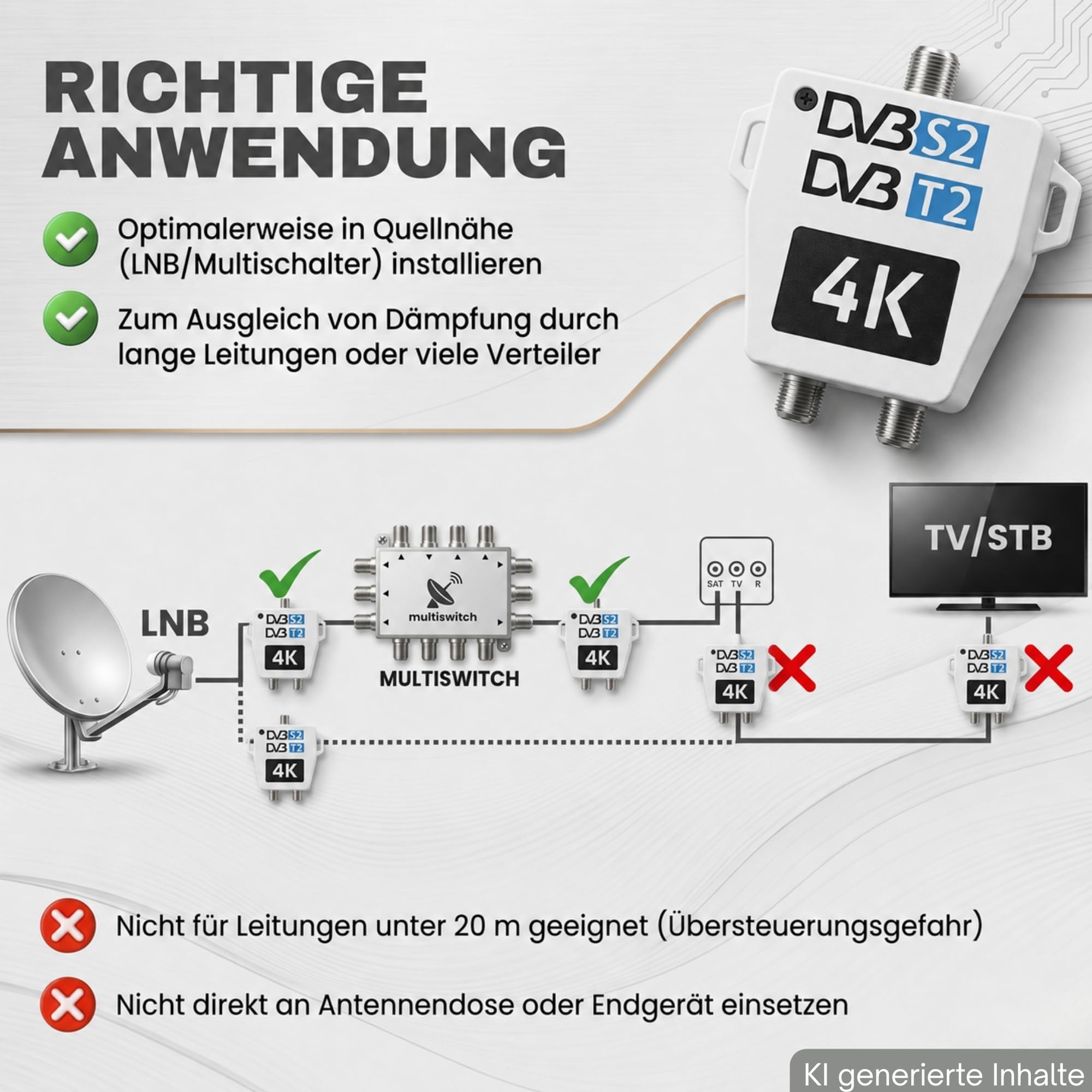TronicXL Amplificatore antenna a 2 vie per DVBT e DVBS SAT Splitter Amplificatore con vite di messa a terra I Distributore antenna morbido DVB-S2 DVB-T2 Morbido amplificatore di segnale 3D 4K HDTV