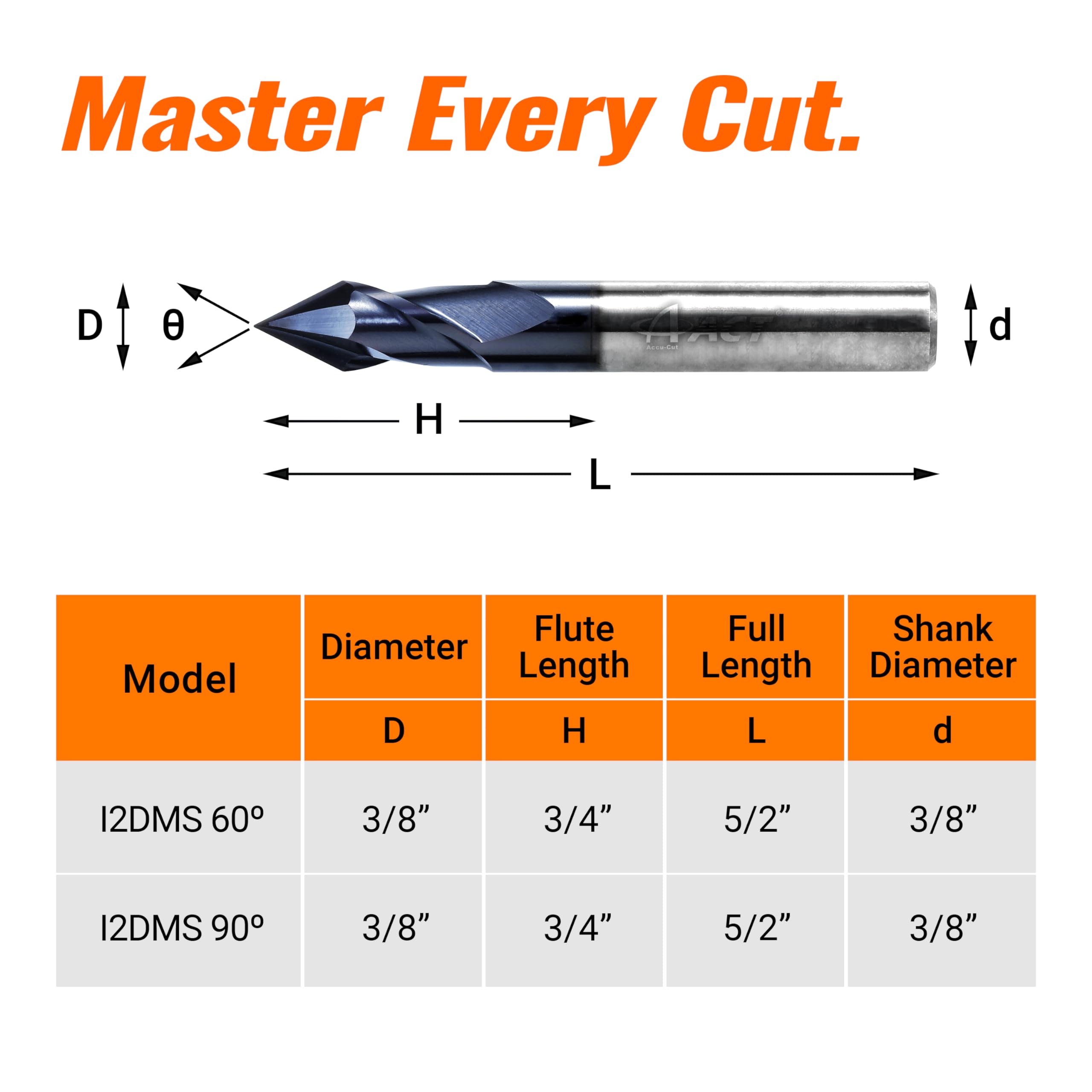ACCU-Cut I2DMS 3/8 fresa de carburo, 2 flautas, multifunción para desbarbado, manchado, biselado y fresado lateral, brocas de 90 grados