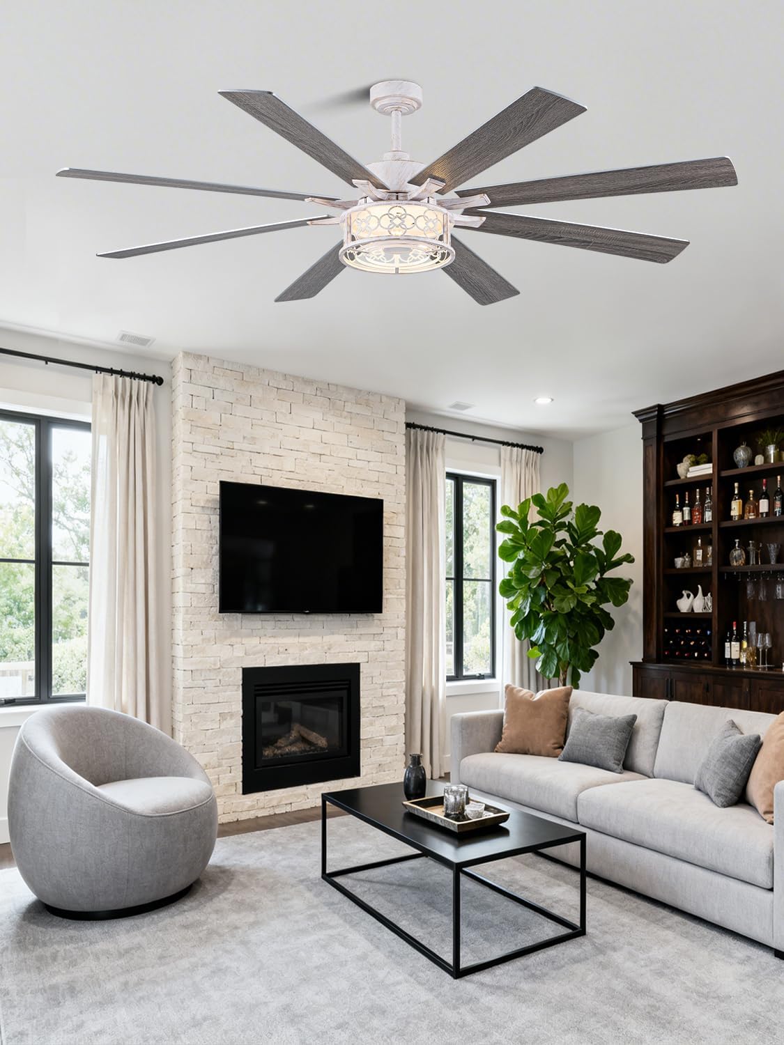72 Inch Farmhouse Ceiling Fan with Lights Large Rustic Ceiling Fan Retro White Caged Fandelier Industrial Chandelier Light with Remote for Indoor Outdoor, Reversible DC Motor 6 Speed