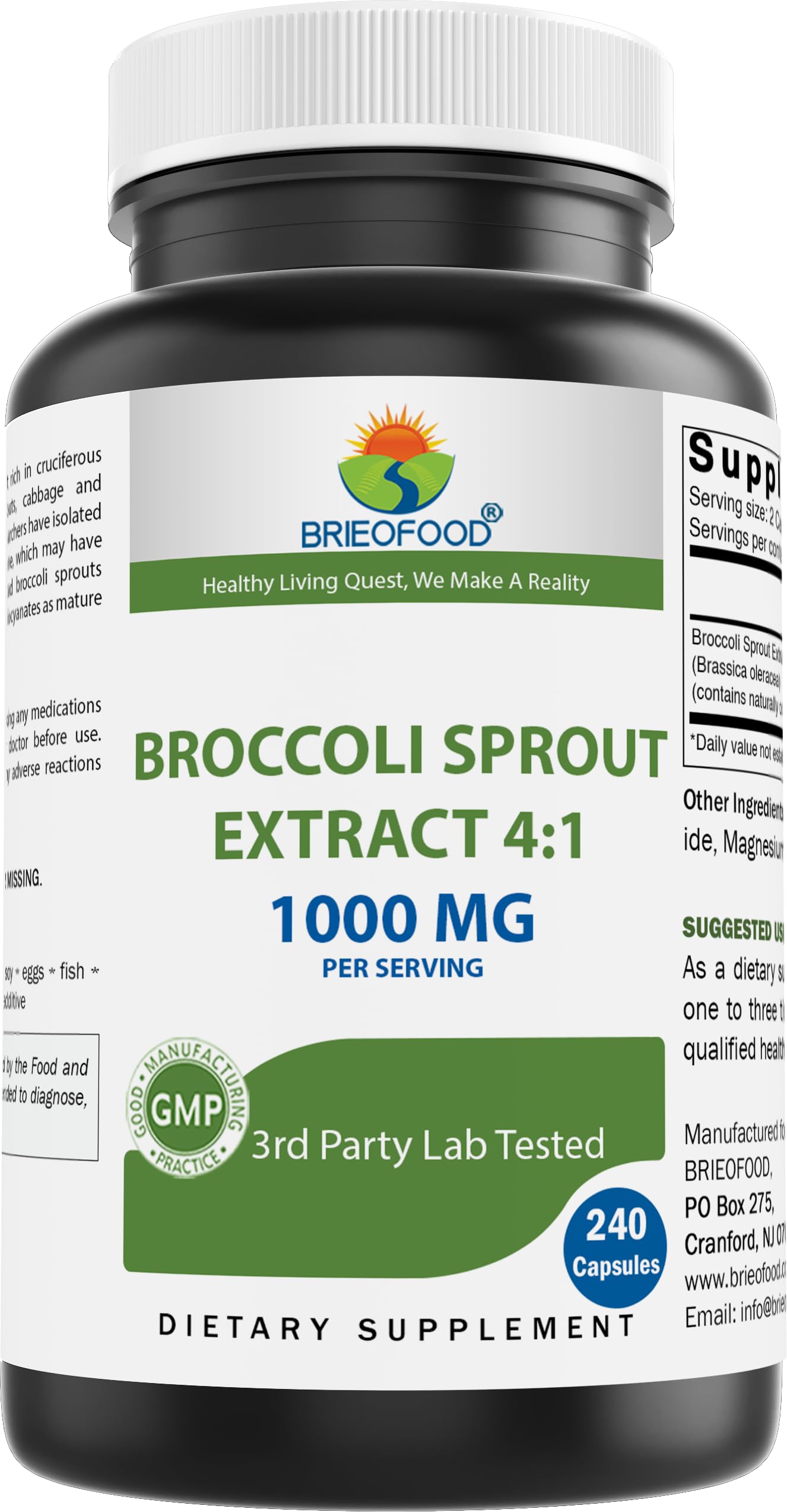 Brieofood Broccoli Sprout Extract 4:1 1000 mg Per Serving - 240 Capsules