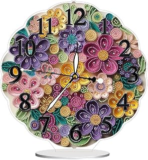 Paper Quilling Flower DIY Diamond Art Painting Clocks Ornaments, 5D Diamond Drill Acrylic Special Shaped Diamond Tabletop Clock Art Craft Gift for Home Office Decoration