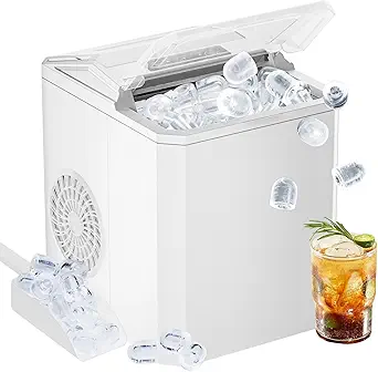 DUMOS Portable Ice Maker for Countertop, 26.5lbs/Day, Fast Ice Making in 6 Mins, 9 Bullet Ice Cubes, 2 Ice Sizes, Self-Cleaning Quiet Compact Ice Machine for Home, Kitchen, White