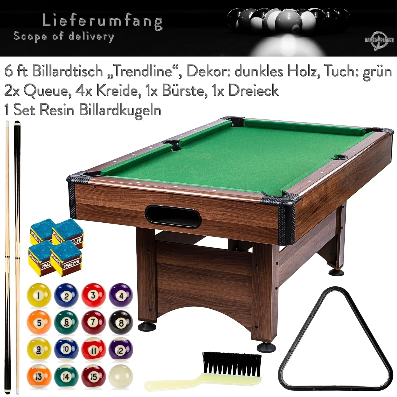 GAMES PLANET 6 ft Billardtisch Trendline“ + Zubehör, 9 Farbvarianten, 184 x 108 x 82 cm (LxBxH)