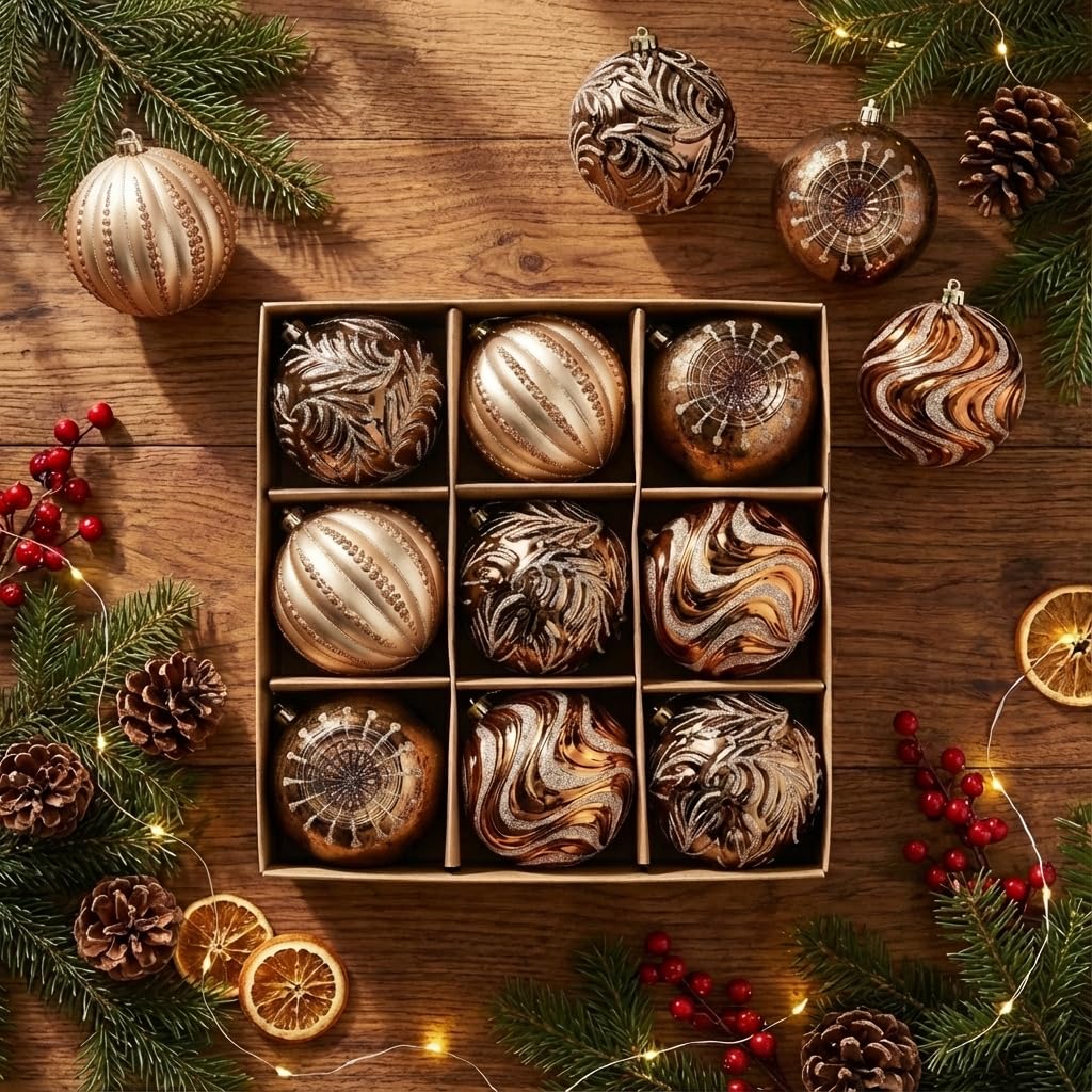 Valery Madelyn Christmas Ball Ornaments, 9ct Bronze Copper and Gold Shatterproof Fall Christmas Tree Decorations Set, 3.94 Inches Luxury Brown Hanging Ornaments for Xmas Trees Bulk Holiday Decor
