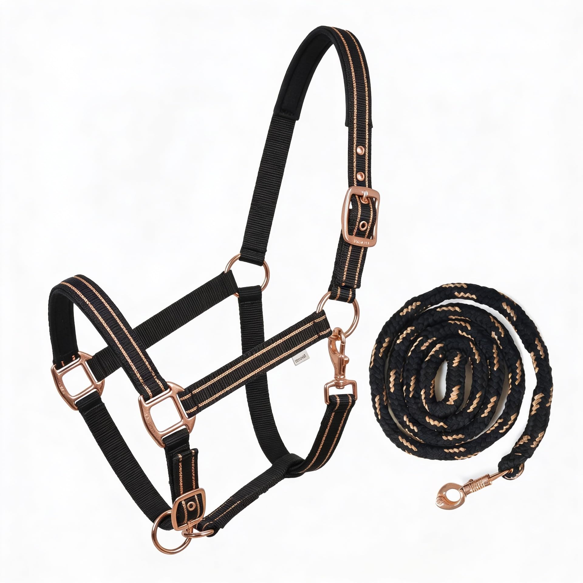 Cabestro para caballos con brillo en color oro rosa, cabestro para caballos en negro y rosa, ajustable en 2 posiciones (Negro oro rosa con cuerda, sangre caliente (completo))