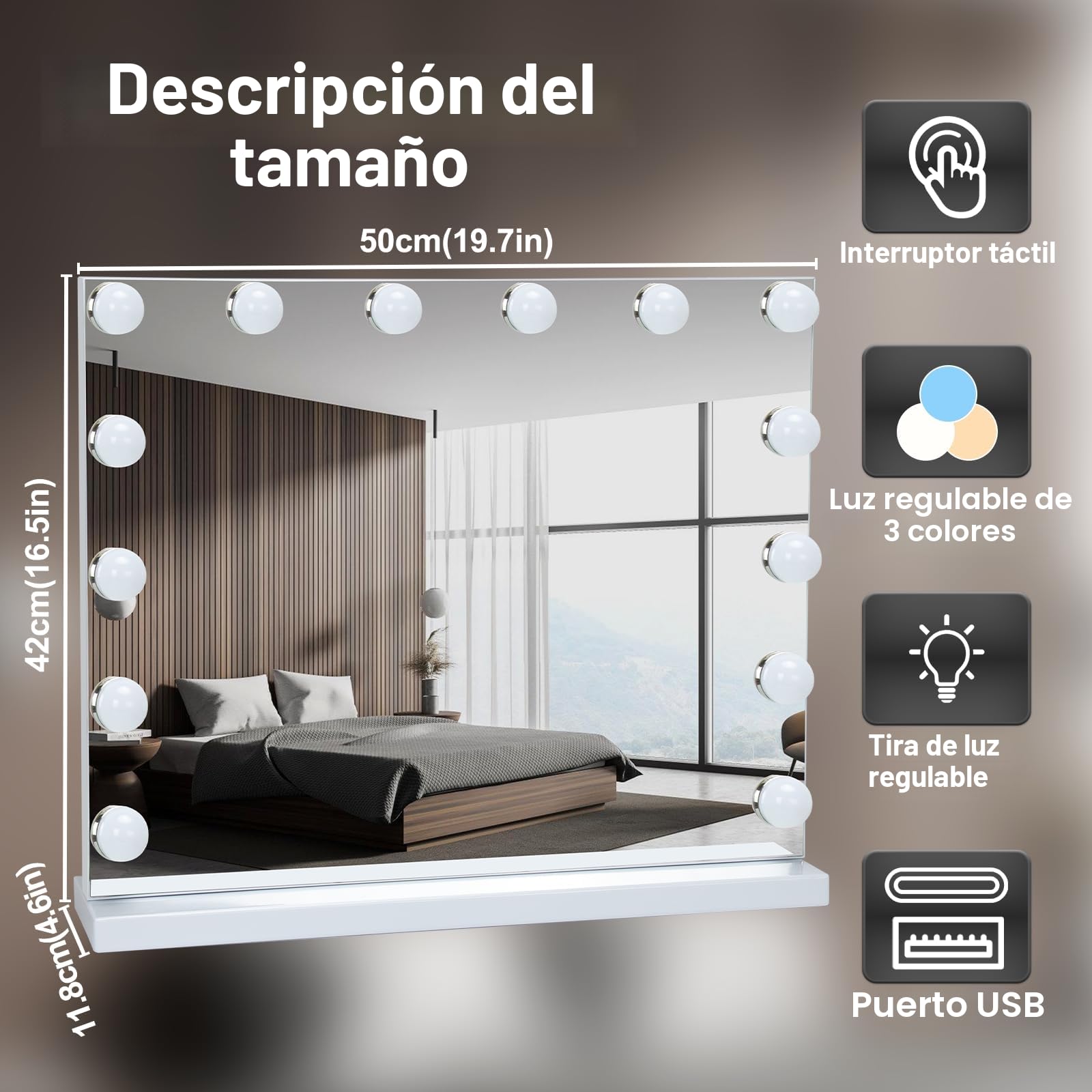 Espejo Hollywood con iluminación LED, 14 Luces, 3 Modos, USB, 10 aumentos, Mesa/Soporte Pared Dormitorio