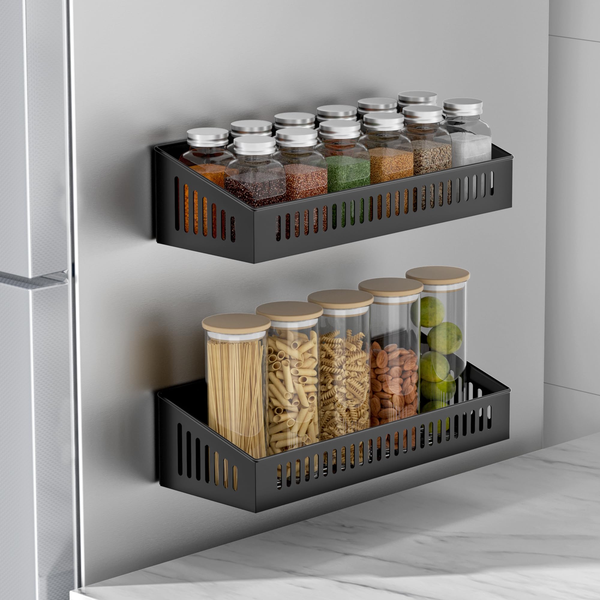 Allinside2 Pack Magnetic Spice Rack for Refrigerator, Strong Magnet Metal Spice Rack Large Capacity for Fridge and Microwave Oven, Moveable Seasoning Spice Organizer for Kitchen Storage