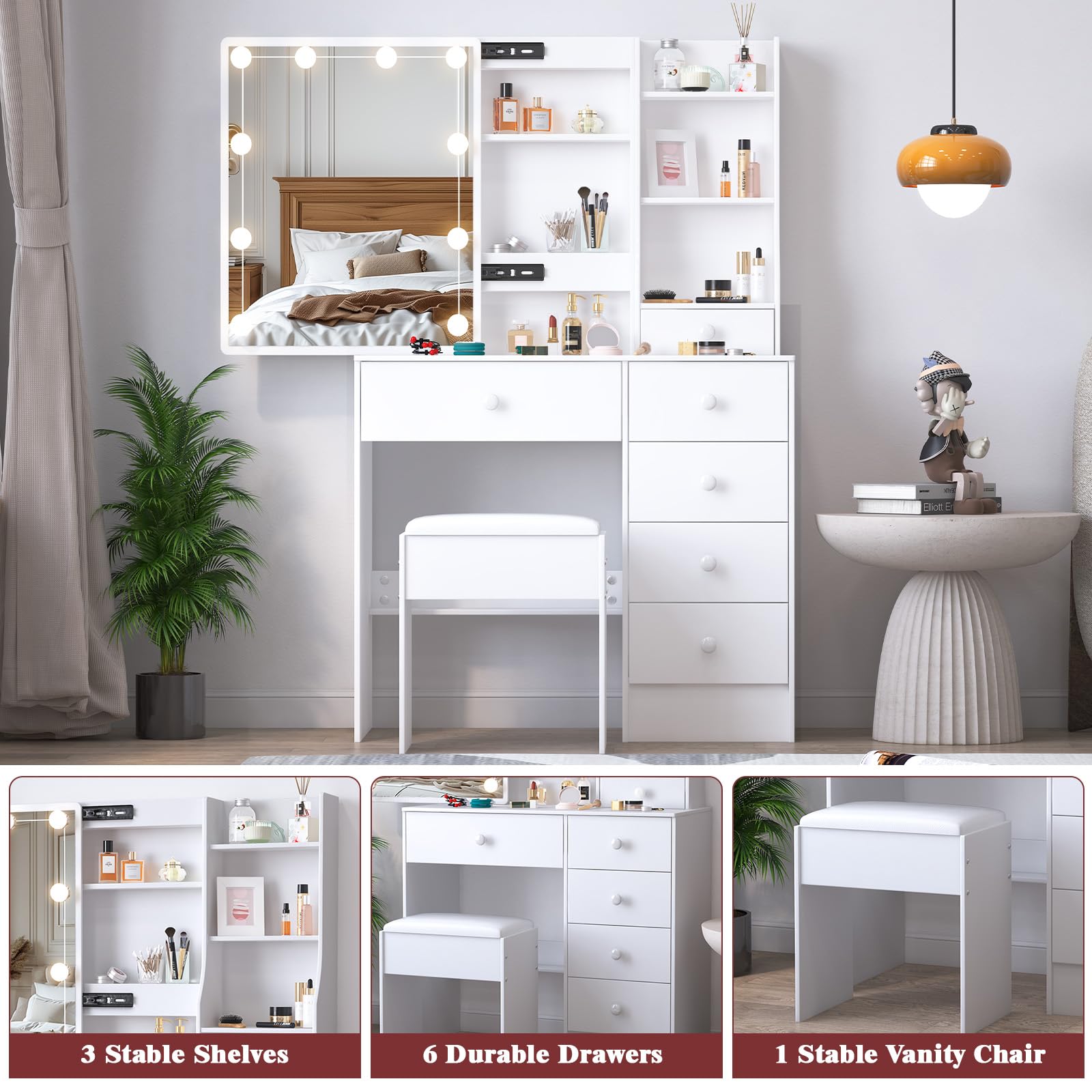 Toeletta Trucco con Specchio e Sgabello, Postazione Make-up Robusta con Luci Dimmerabili e Guida Video, Scrivania da Trucco con 6 Cassetti e 6 Ripiani, Bianco, 36×80×131 cm, H411226
