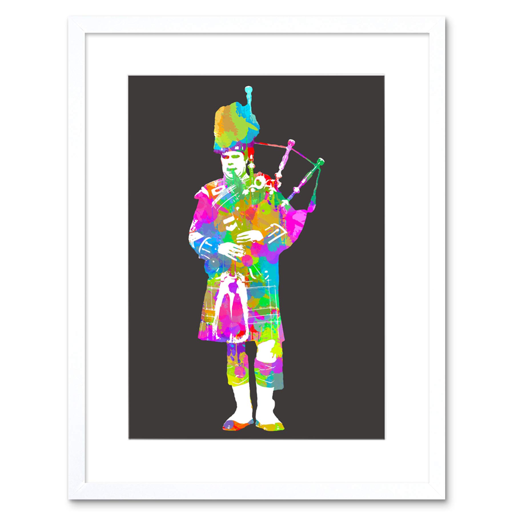 Wee Blue Coo Colourful Piper Bagpipes Scotland Artwork Framed Wall Art Print 9X7 Inch