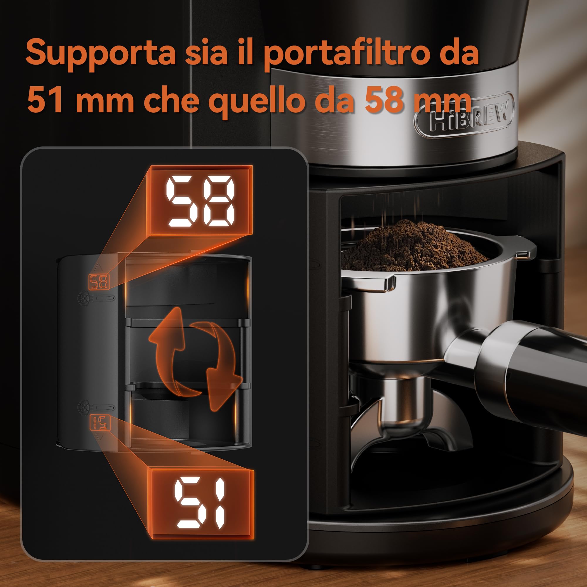 HIBREW Macinacaffè elettrico – Macinacaffè conico in acciaio inox con aroma conservato, tazza singola, 200 Watt, 31 impostazioni di macinazione regolabili