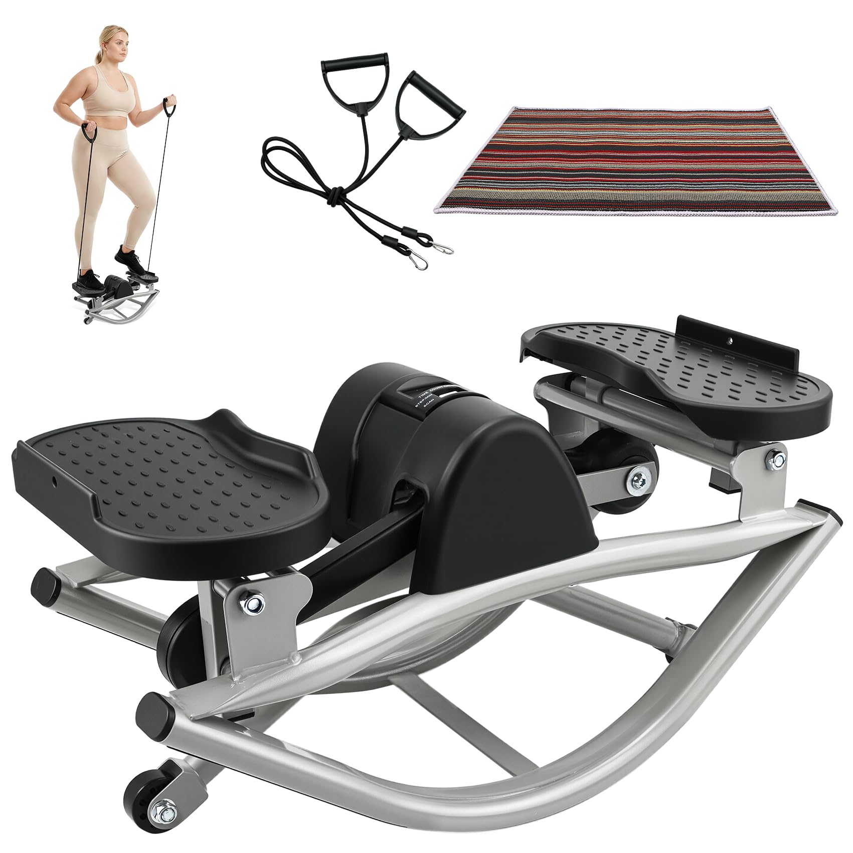 Rock Stepper for Home Workout, Side-to-Side Stepper Machine with Resistance Bands &amp; Digital Display, Low-Impact Lateral Stepper for Full Body Exercise, Compact Quiet Cardio Equipment for Apartment/Gym