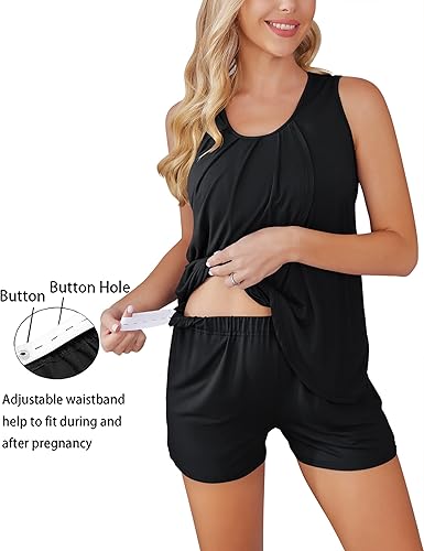 Miniatura 3 de Ekouaer Conjunto de pijama de lactancia para mujer, ropa de dormir de doble capa, sin mangas, top y pantalones cortos, pijamas de embarazo