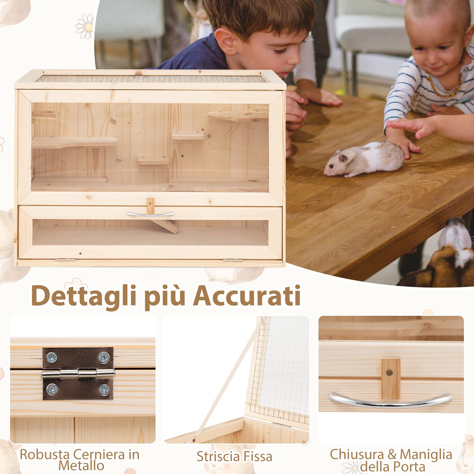 COSTWAY Gabbia per Criceti, Gabbia Criceti in Legno con Tetto Ribaltabile in Rete, Aree Multi-Scala, Rampa, Pannello in Acrilico e Porta Bloccabile, 60 x 35,5 x 42 cm