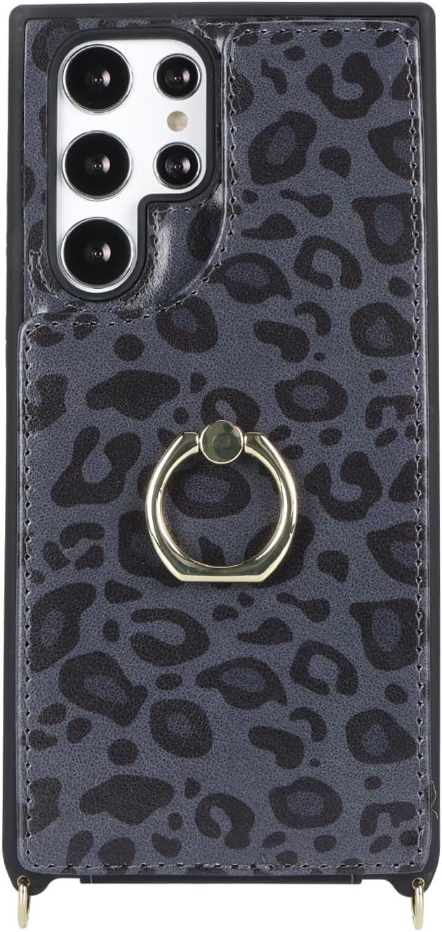 Lipvina for Samsung Galaxy S22 Ultra Case with Card Holder and Strap for Women,Crossbody Lanyard,RFID Blocking,Ring Stand,Snap Clasp,Cute Phone Wallet Cases 6.8 inch(Black Leopard)