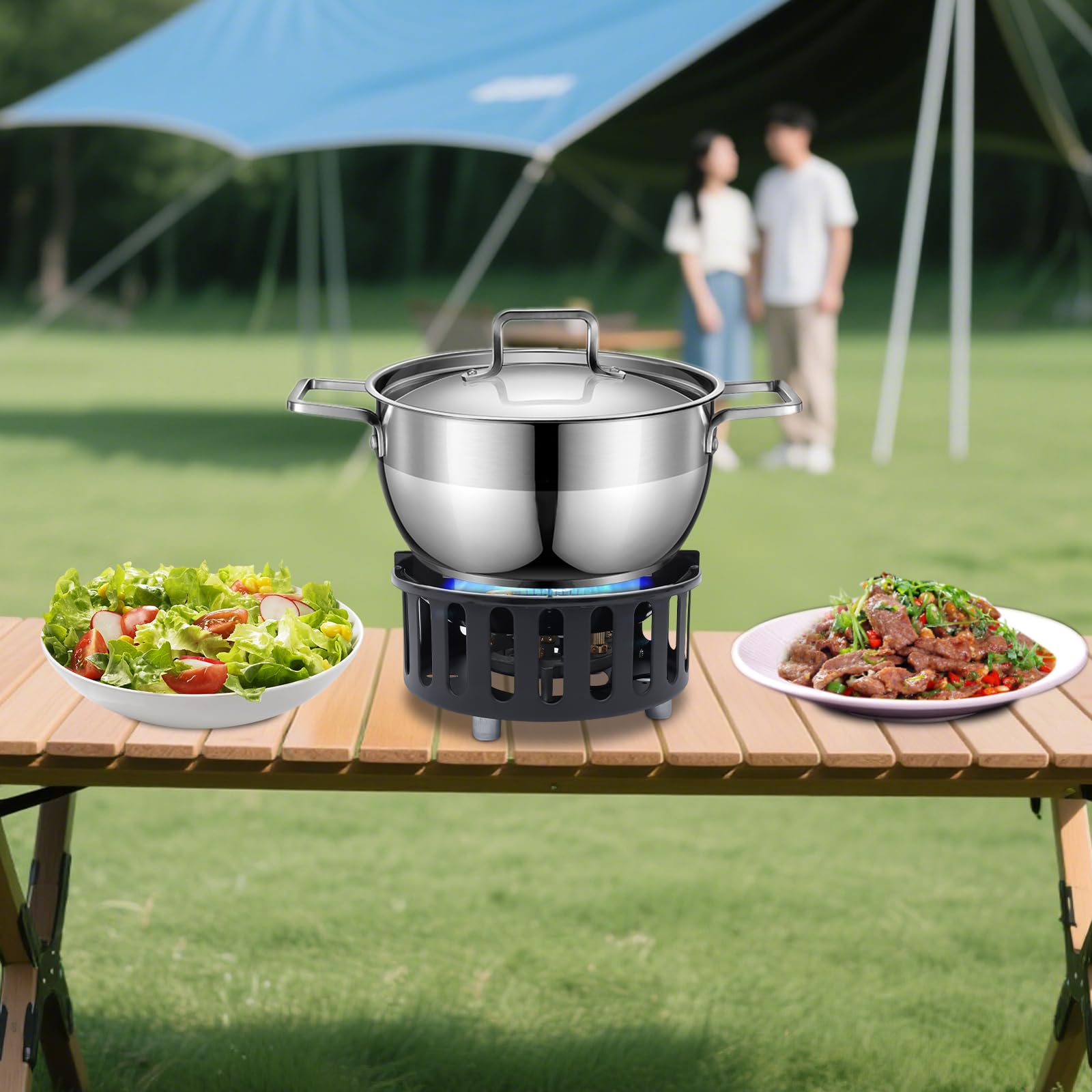 Hornillo de gas portátil de 21000 W, estufa de gas ajustable con 7 cabezales de quemador y 3 adaptadores para senderismo, trekking, pícnic, cocina al aire libre