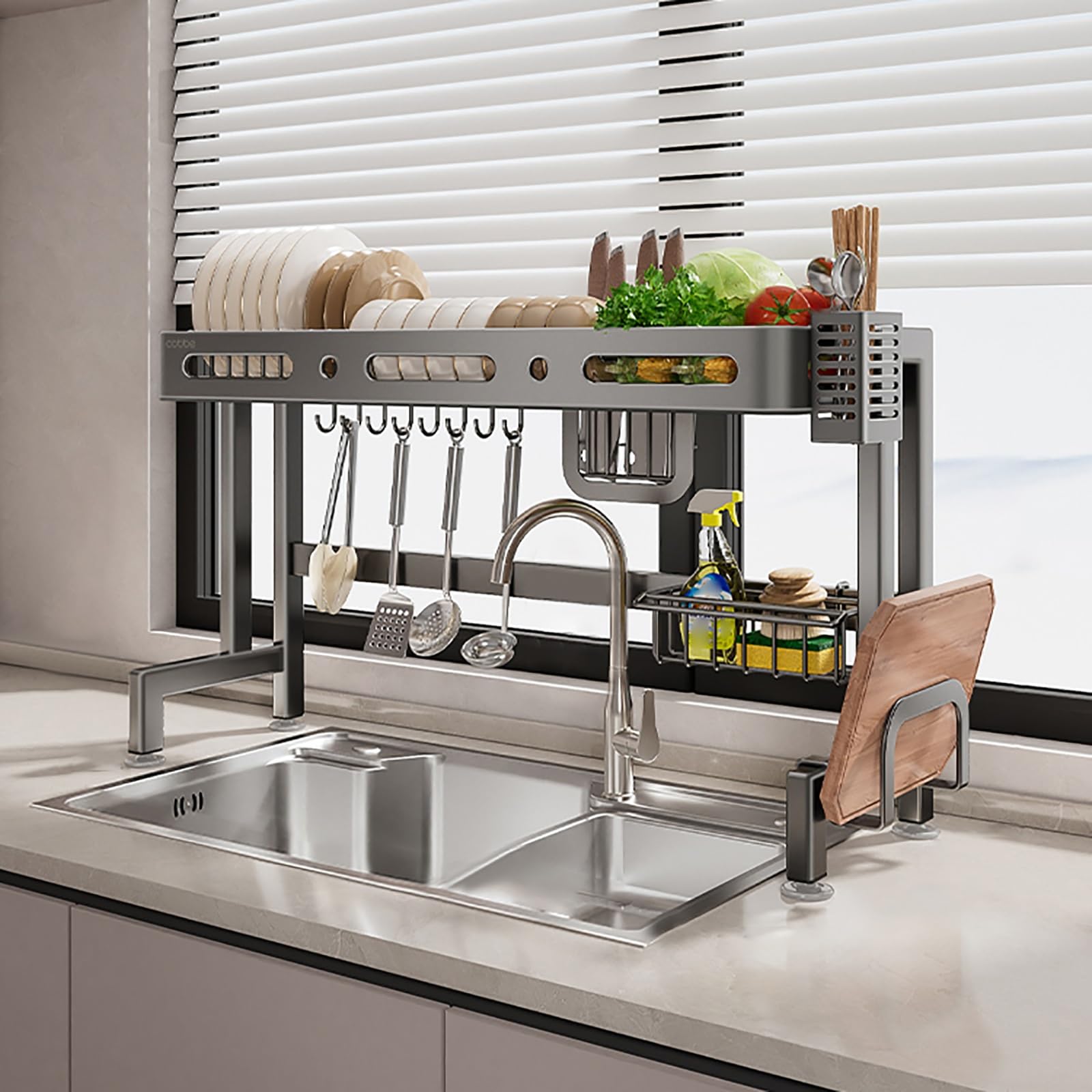 CAFIEDR Stainless Steel Over Sink Dish Drying Rack With Utensil Holder - Space-Saving Kitchen Organizer For Countertops, Ideal For Kitchens * Dining Rooms.Gray 1-65cm/25.6in