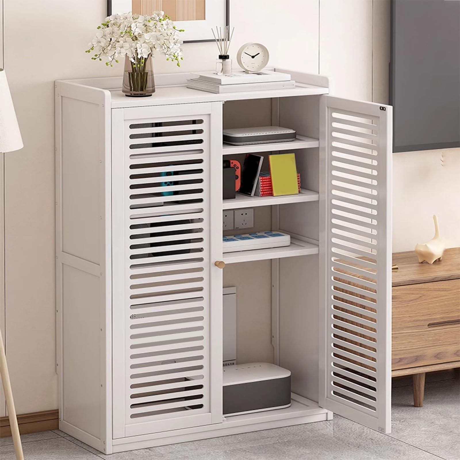 Armoire routeur WiFi en bambou blanc avec étagères réglables pour salon