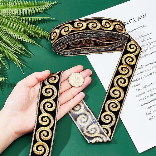 Miniatura 4 de PH PandaHall Cinta jacquard de 4.1 yardas, 1.3 pulgadas, ribete de encaje bordado de oro negro bohemio para manualidades, costura, manualidades,