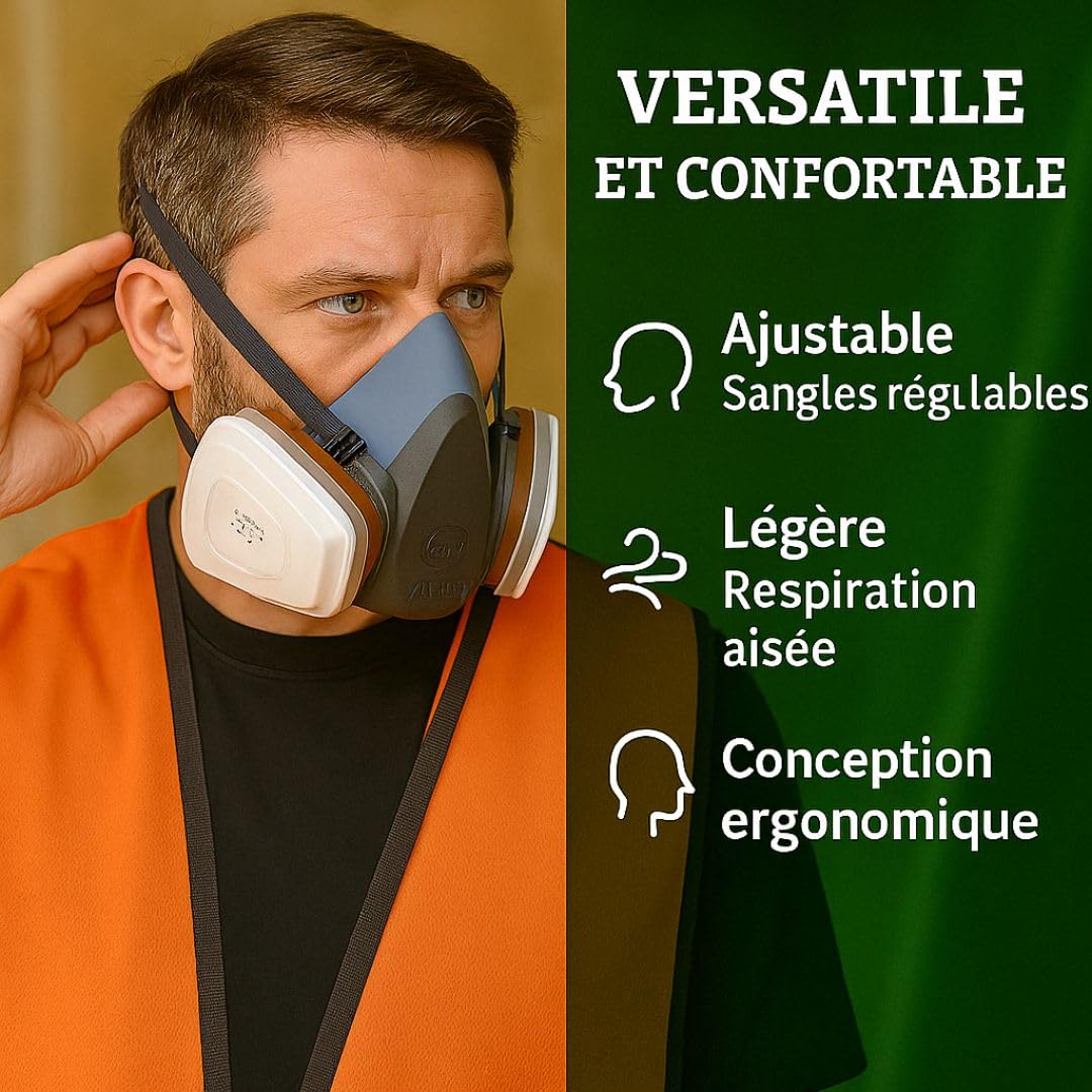 Masque de Protection Respiratoire Réutilisable à Gaz Double Filtration A1P2 avec 8 Filtres | Demi-masque Anti-poussière Peinture Bricolage Résine Epoxy Sécurité Travail Vapores Gaz Polluants