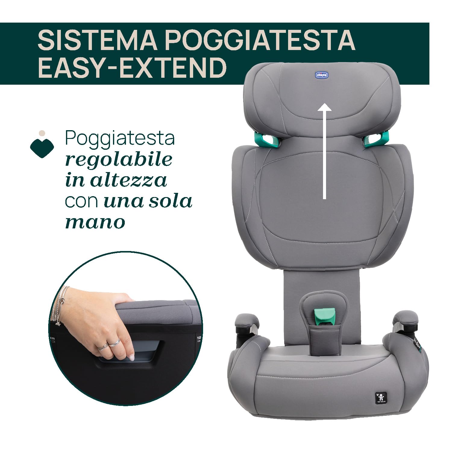 Chicco Quizy Lite i-Size, Seggiolino Auto Bambini 3-12 Anni (100-150 cm), Peso 15-36 kg, Facile da Installare, Regolabile in Altezza, con Braccioli Imbottiti e Seduta Confortevole, Grigio