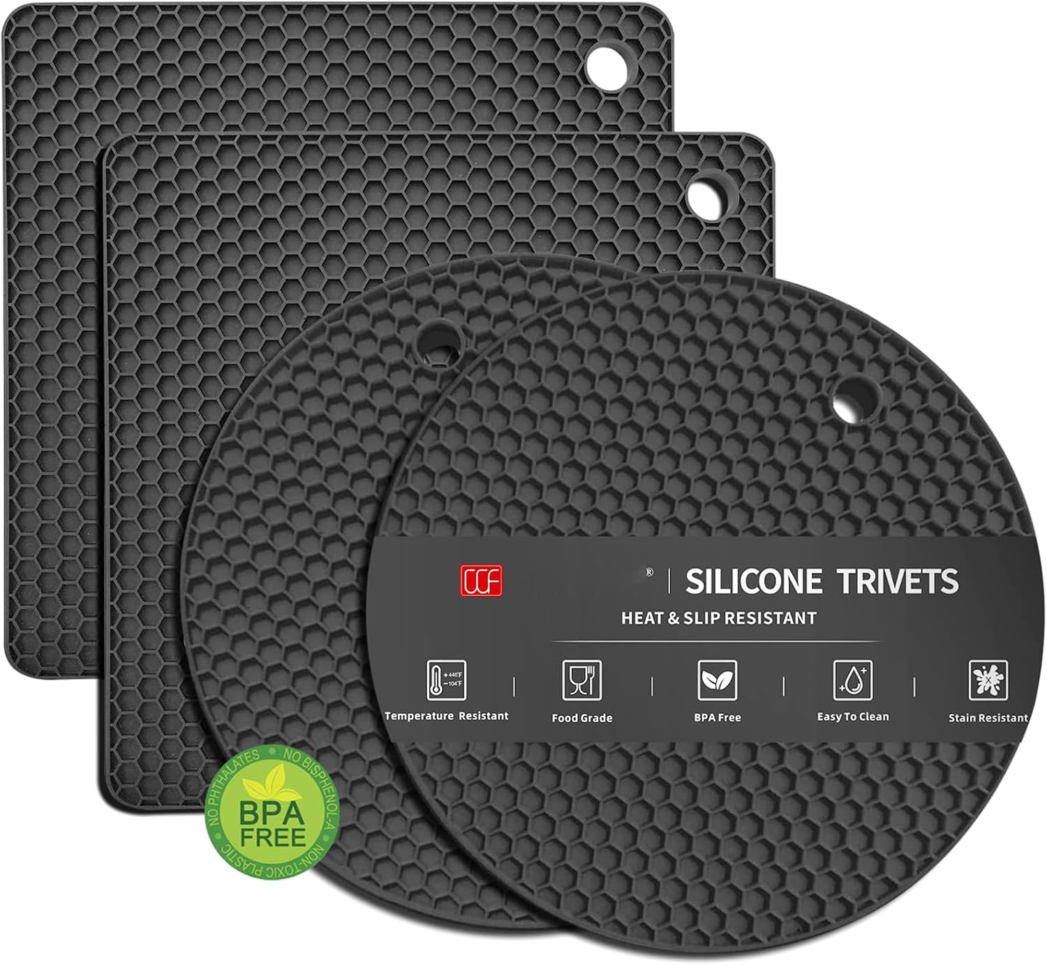 Thickened Silicone Microwave Mat, 4 Pcs Black Round and Square 7.08 Inch Heat Resistant Trivets Pot Holder for Hot Dishes, Pots and Pans (Black)
