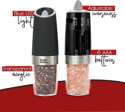 Miniatura 10 de Gravity - Juego de molinillo eléctrico de sal y pimienta, salero y pimentero de acero inoxidable, grosor ajustable, molinillos de sal y pimienta de
