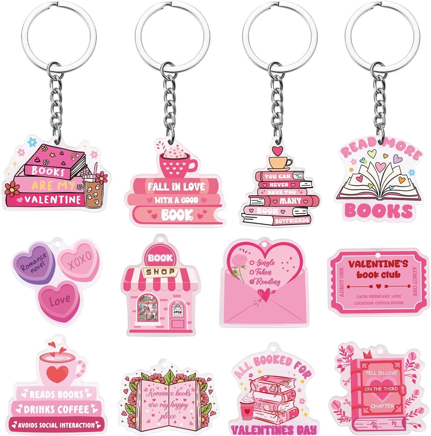 Tondiamo 60 Pcs Valentine's Day Keychains Gift Bulk for Bookish Love Hearts Reading Book Club Supplies Romance Book Lover Reader Accessories Party Favor for Women Men Students Teachers Gifts