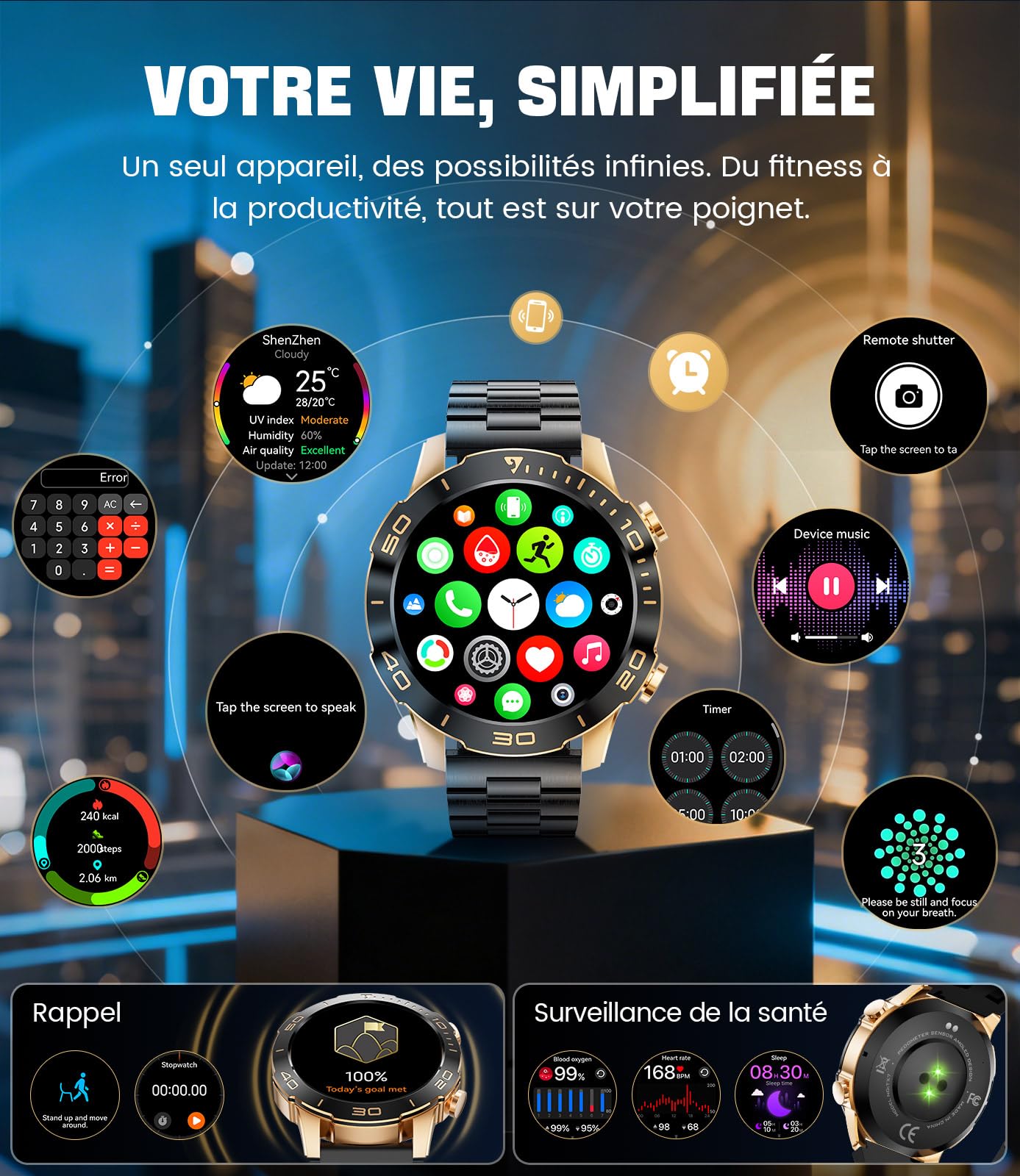 Montre Connectée Homme, Sports/D'affaires, 1,43" AMOLED Écran Smartwatch Homme avec Appel Bluetooth, IP68 Étanche, 170+ Modes Sportifs/Fréquence Cardiaque/Sommeil Compatible Android iOS, NoirAmbre