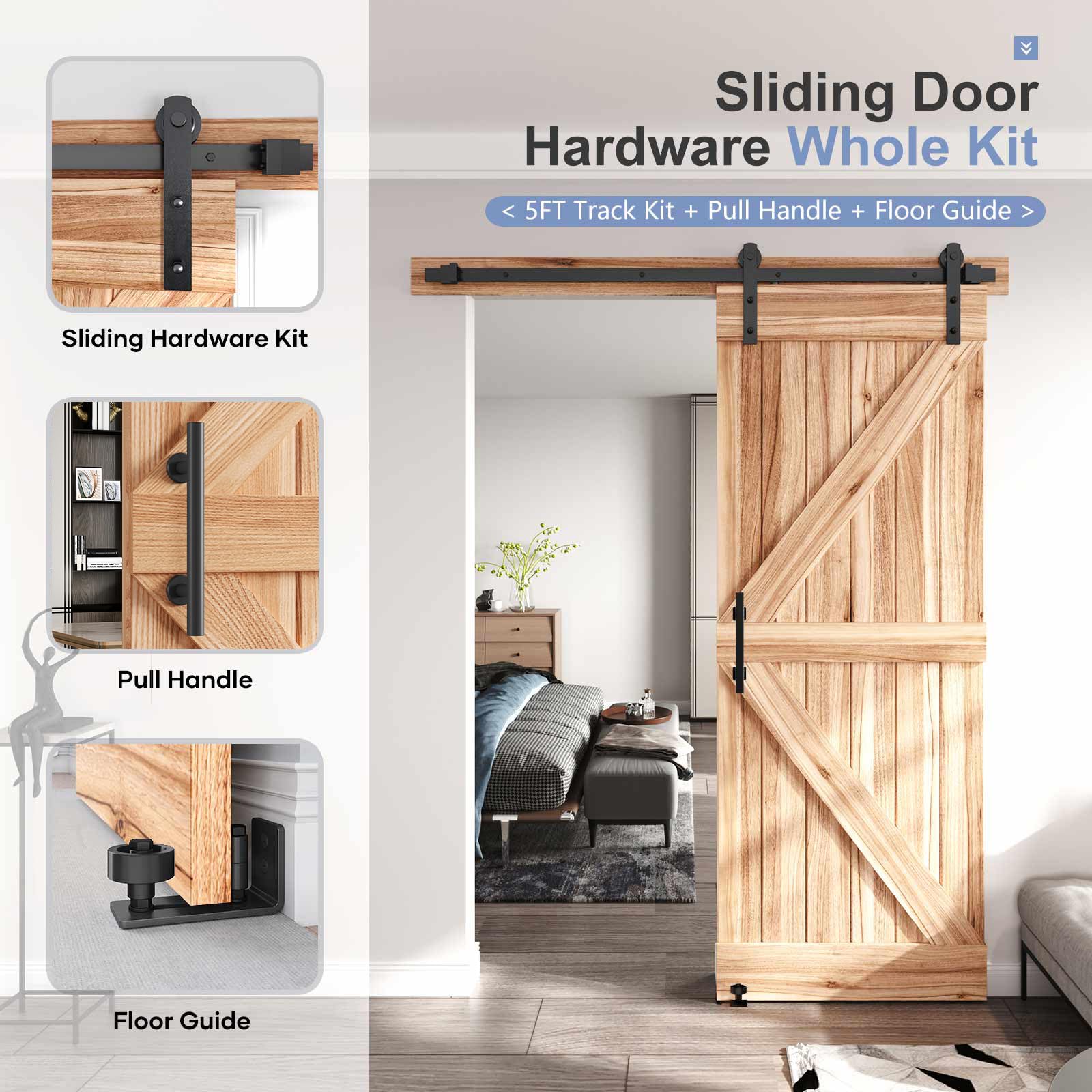 EaseLife Kit di ferramenta per porta scorrevole da 1,5 m e maniglia, resistente, puleggia dritta, scorrevole senza intoppi, facile da installare (kit di binari da 1,5 m per porta singola da 61 a 76 cm
