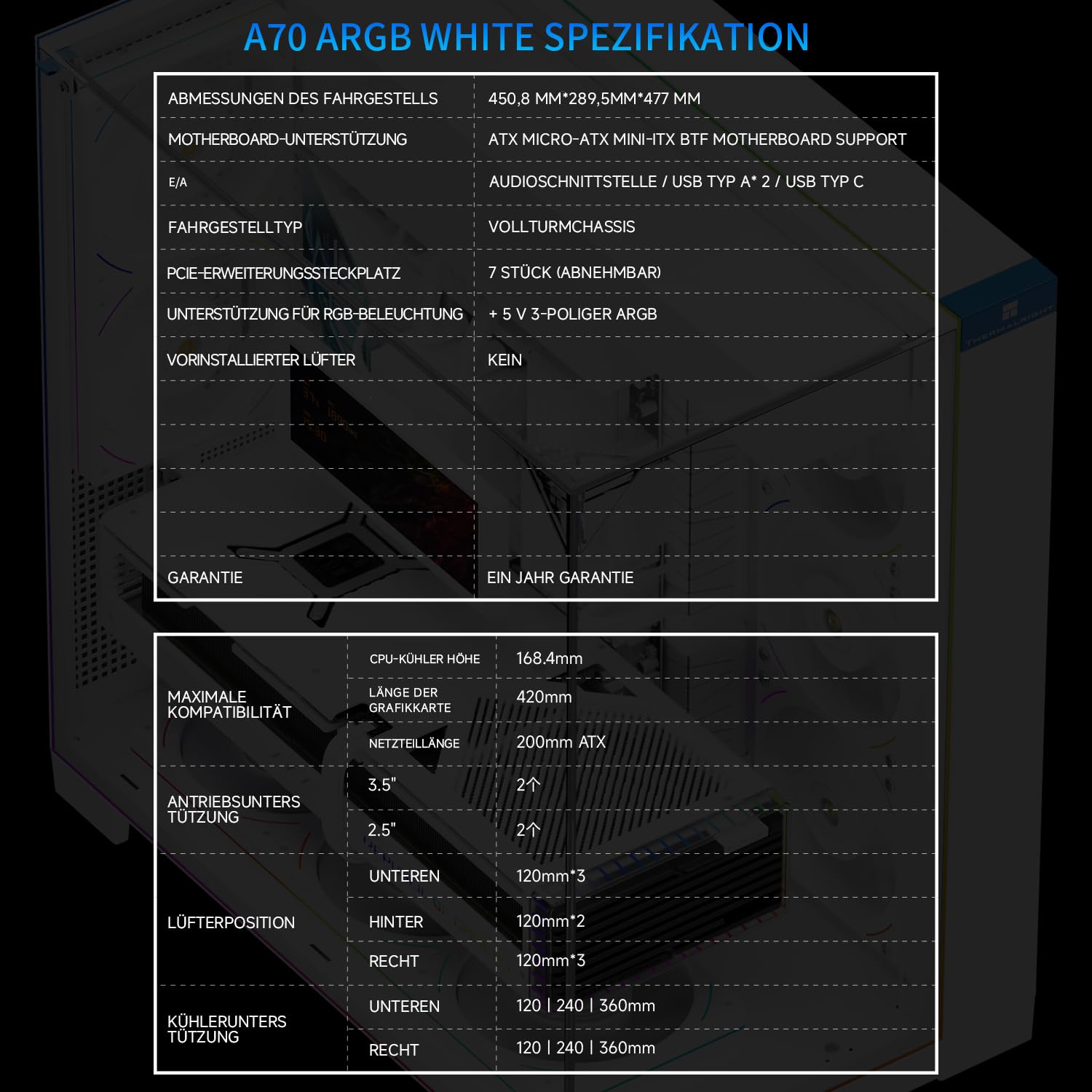 Thermalright TR A70 ARGB Bianco ATX Gaming Case Vetro senza colonne a tre lati 8 slot per ventola CPU + flusso d'aria a rilascio rapido montaggio della scheda grafica verticale anti-appannamento