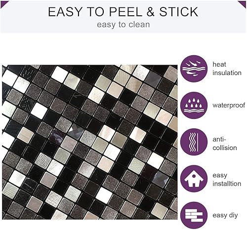 Miniatura 3 de 10 hojas autoadhesivas de mosaico de aluminio para despegar y pegar, azulejos de metal 3D para pared contra salpicaduras para cocina y baño (12 x 12