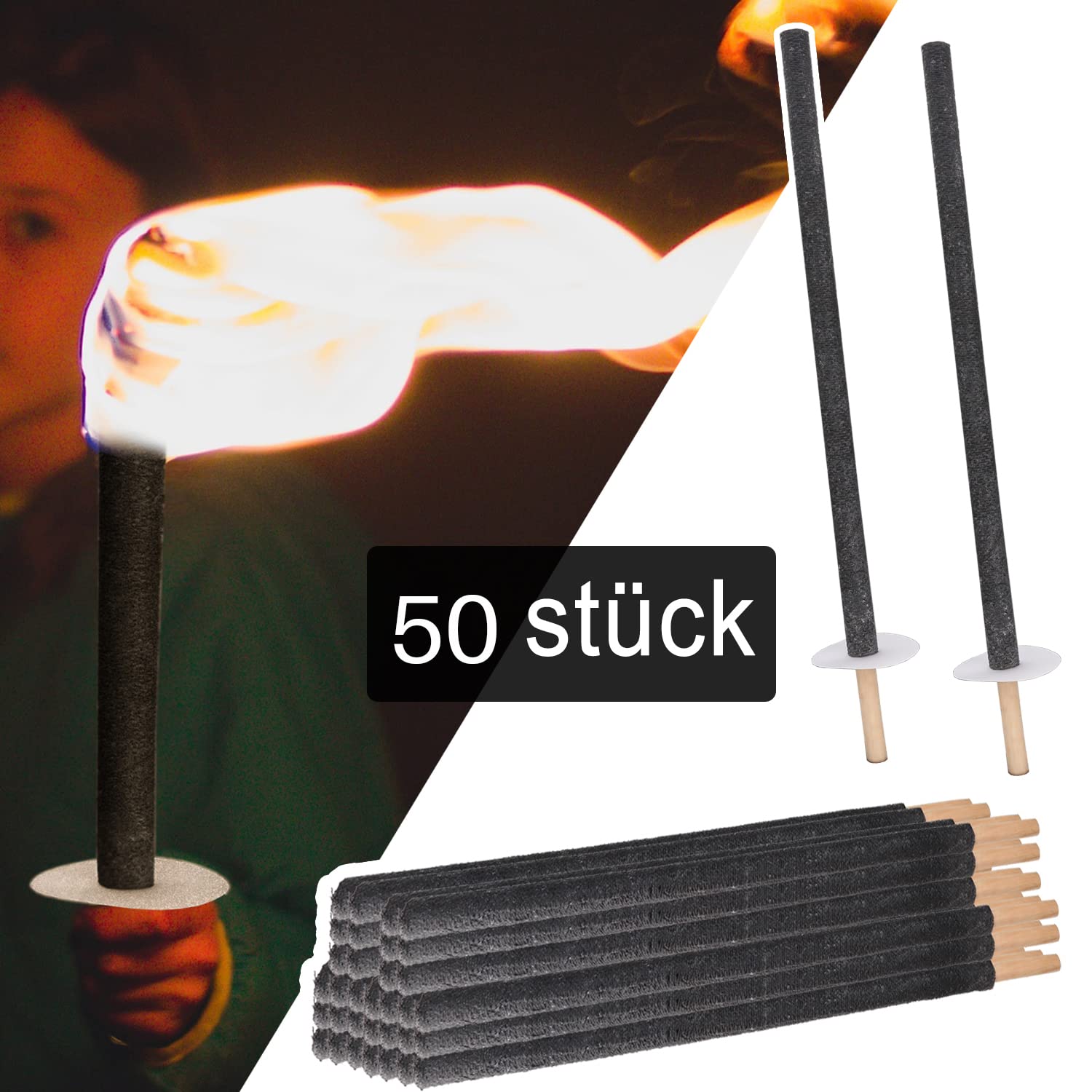 Wachsfackeln Brennzeit 100 min|mit Handschutz/Extra Langem Griff Fackeln|Für Nachtwanderung Outdoor Lagerfeuer[50 Stück]
