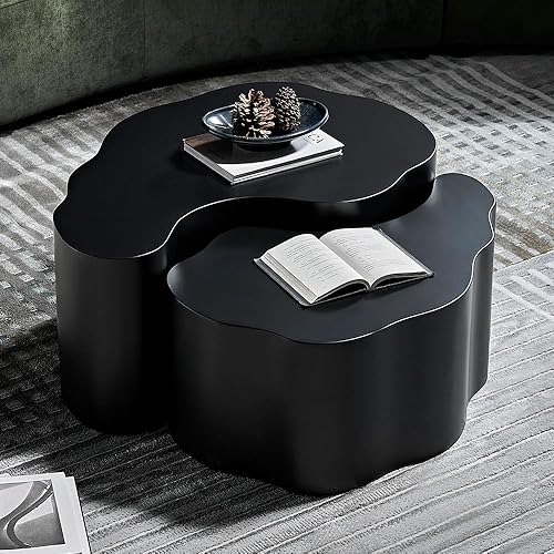 WILLIAMSPACE 35.43" Irregular Nesting Coffee Table Set of 2 for Living Room, Modern Luxury Wooden Center Tables with Unique Shape, Accent End Tea Table for Apartment, No Need Assembly - Black