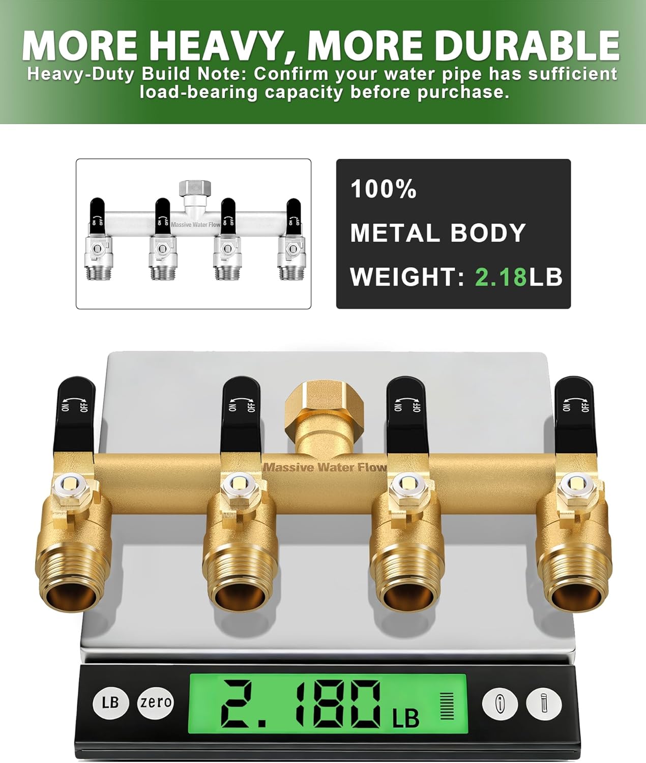 4 Way Hose Splitter, Heavy Duty Full Flow Garden Water Hose Bib Spigot Splitter, Brass Rust and Freeze Resistant Outdoor Faucet Splitter, T Adapter Connector with 3/4 - Inch GHT Thread （Black）