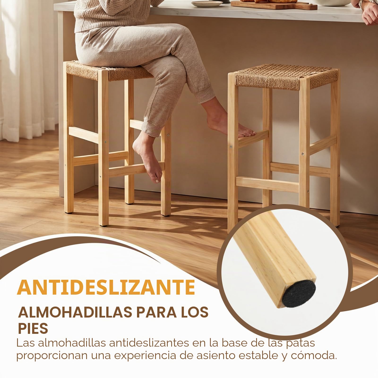 chairus 2PCS Taburetes de Bar de Madera con Tejido Natural de Cuerda